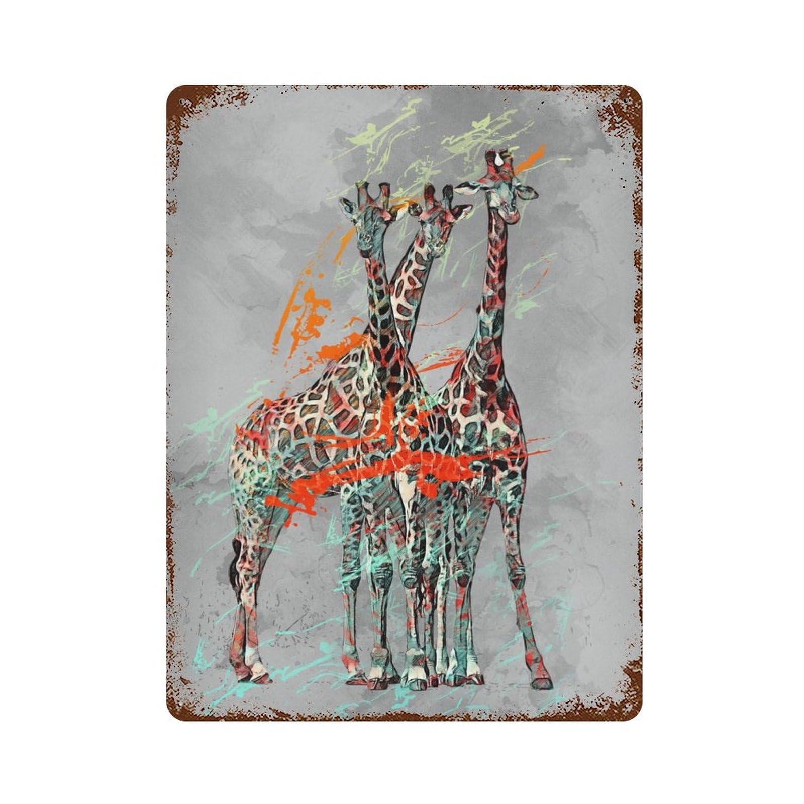 Rusty Metal Tin Sign Giraffe Colored And Blackv 15.7"x11.8", Industrial Home Decor for Patio, Garden Room And Bar Decor