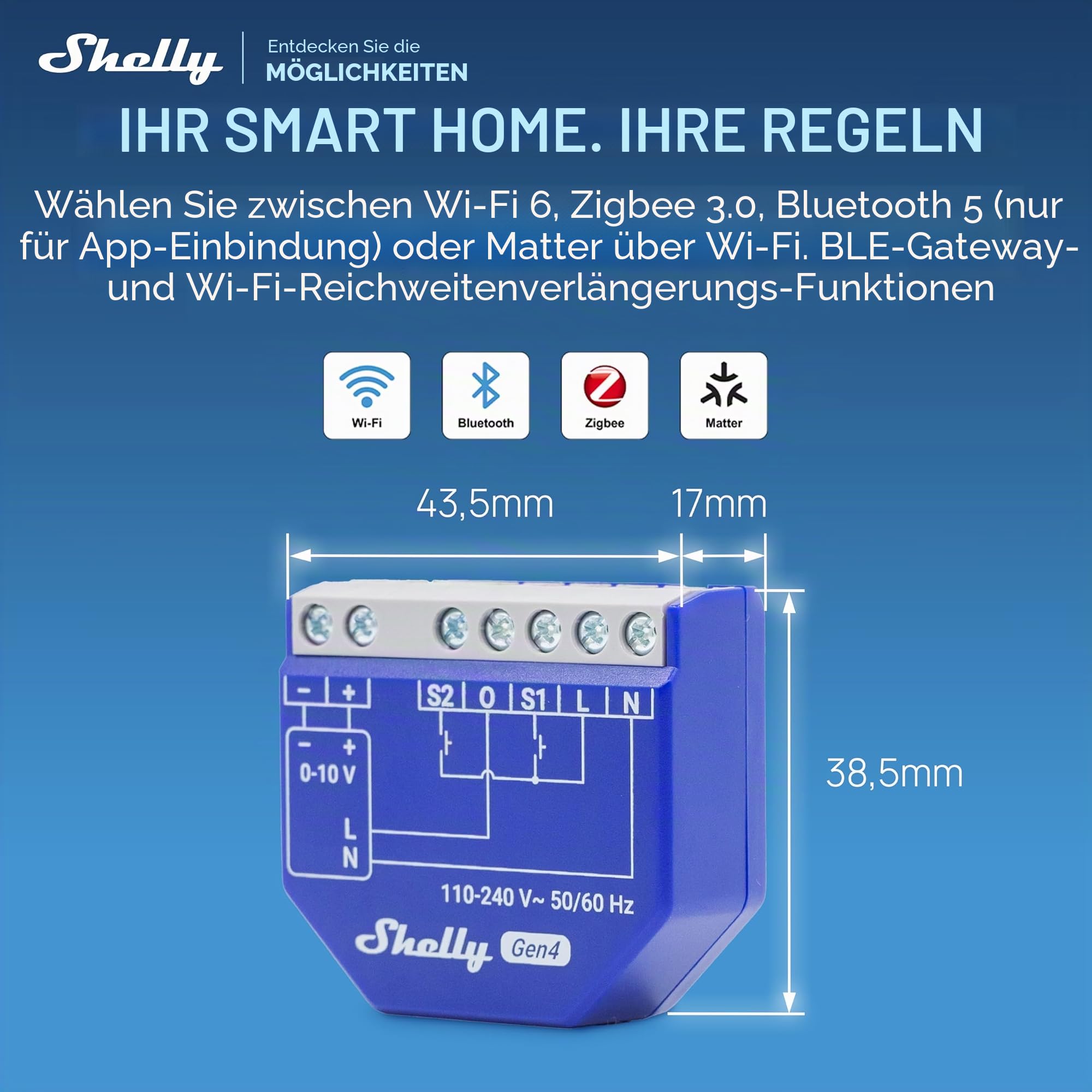 Shelly Dimmer 0/1-10V PM Gen4 – WLAN Smart LED Dimmer Schalter, 0–10V & 1–10V Lichtsteuerung, Unterputz, Leistungsmessung, Zigbee, Matter, Home Assistant, Alexa & Google