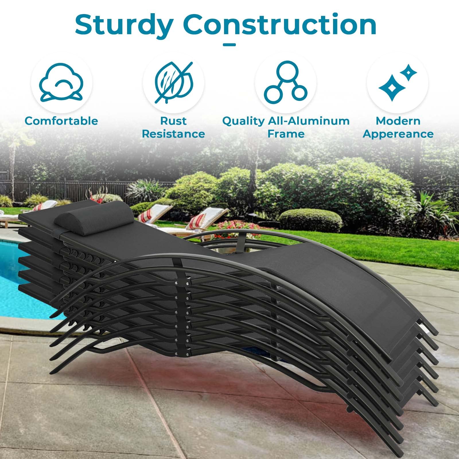 LIFERUN XXL Aluminium Sonnenliege 2er Set, stapelbare liegestuhl Garten mit Beistelltisch und Kopfkissen, Wetterfest, 5-Fach Verstellbare Rückenlehne, Geeignet für Gärten, Schwimmbäder, Strand, 2 PCS