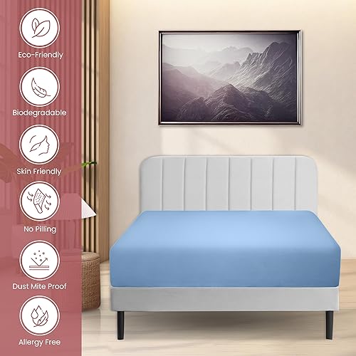 Miniatura 4 de Superity Linen Sábana bajera ajustable de algodón que absorbe la humedad para un sueño transpirable, seco y cómodo. 200 hilos (azul)