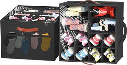 Aokeyee 2 Pack Shoe Organizer for Closet, Foldable Shoe Storage Organizer Box w/Clear Cover and 4 Reinforced Handles, Space Saving Shoes Bin Fits up to 32 Pairs, Black