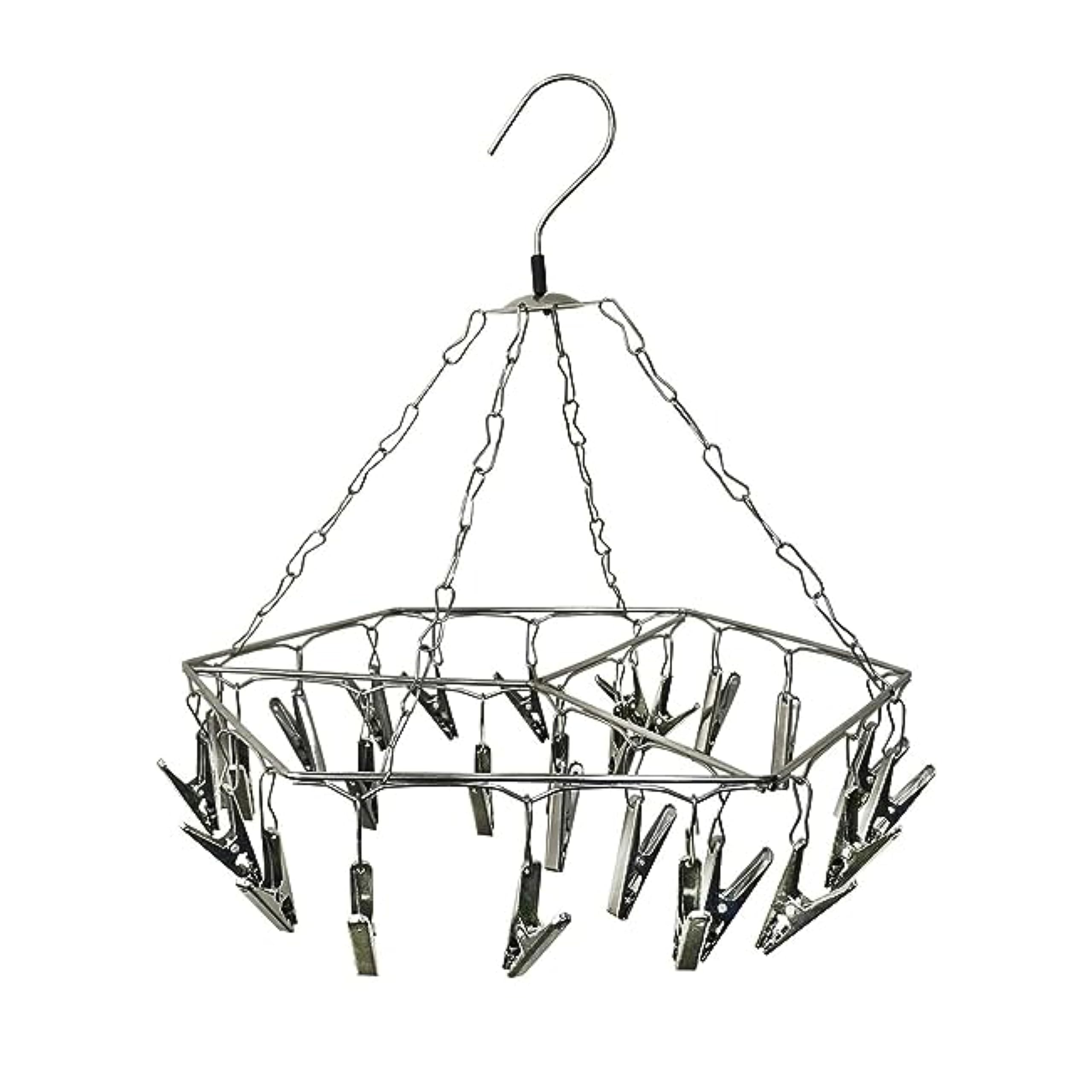 RARE-ZONE® Heavy Quality Rust Free Stainless Steel Clothes Drying Hanger with 25 Pegs for Socks,Undergarments,and Infant Clothes, Cloth Clips Hanger (Hexogon)