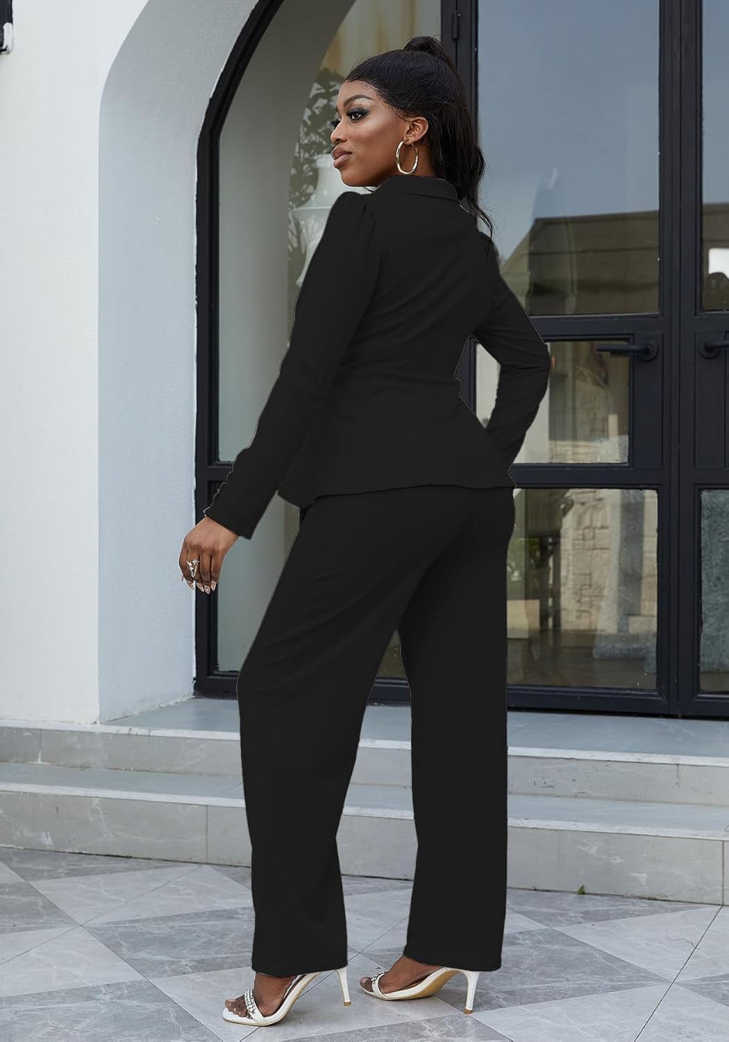 Tbahhir Women's 2 Piece Outfits Suit Set Long Sleeve Ruffle Blazer Tops Casual Business Wide Leg Pants Dressy - Image 4