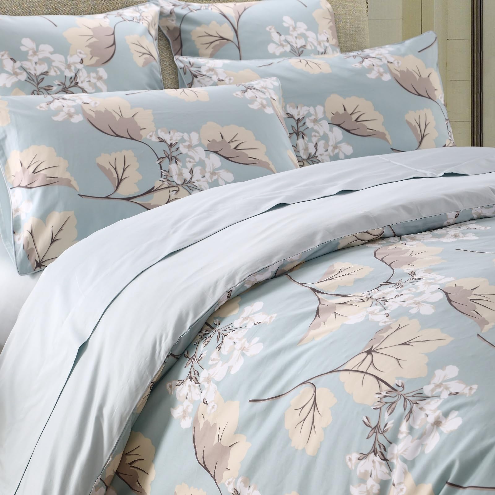 USTIDE Country Gingko Leaves Pattern Duvet Cover Set Floral Cotton 800 Thread Count Bedding Set Deep Pocket Fitted Sheet Pillowcases Bedding Set 4 Pieces Home Collection,Double Size