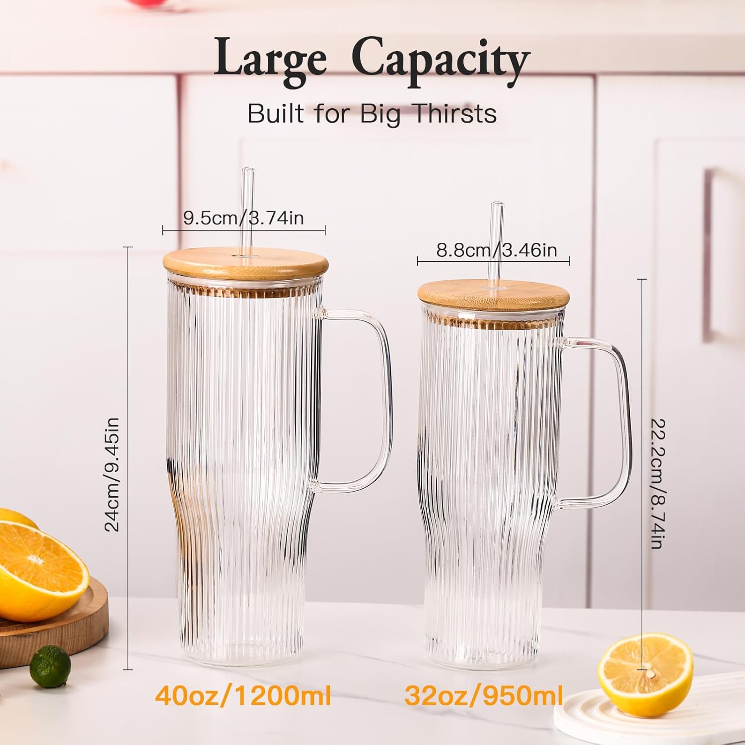 32 oz Ribbed Glass Tumbler with Handle, 2 Pack Glass Cups with Lids and Straws, Iced Coffee Cup,Borosilicate, with Bamboo Lid and 4 Straws - Image 6