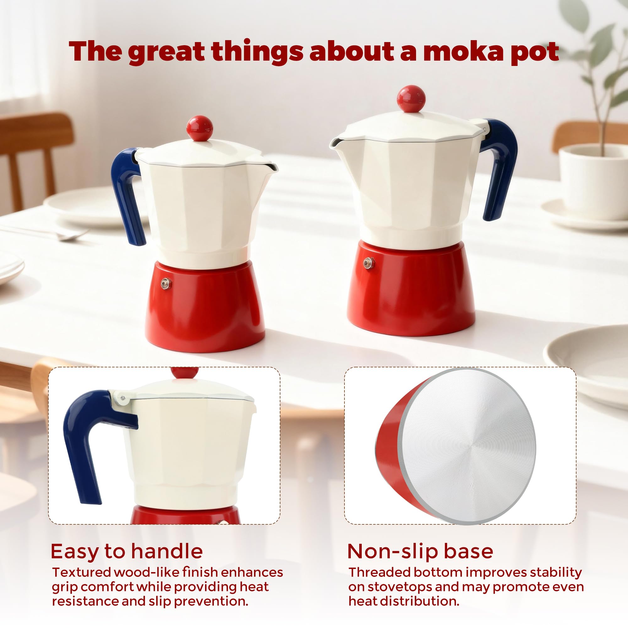 ShanSon Moka Pot - Cafetera italiana de 3 tazas de 5 onzas, cafetera italiana manual de percolador de café cubano, cafetera italiana espresso Greca para capuchino o café con leche, rojo/blanco