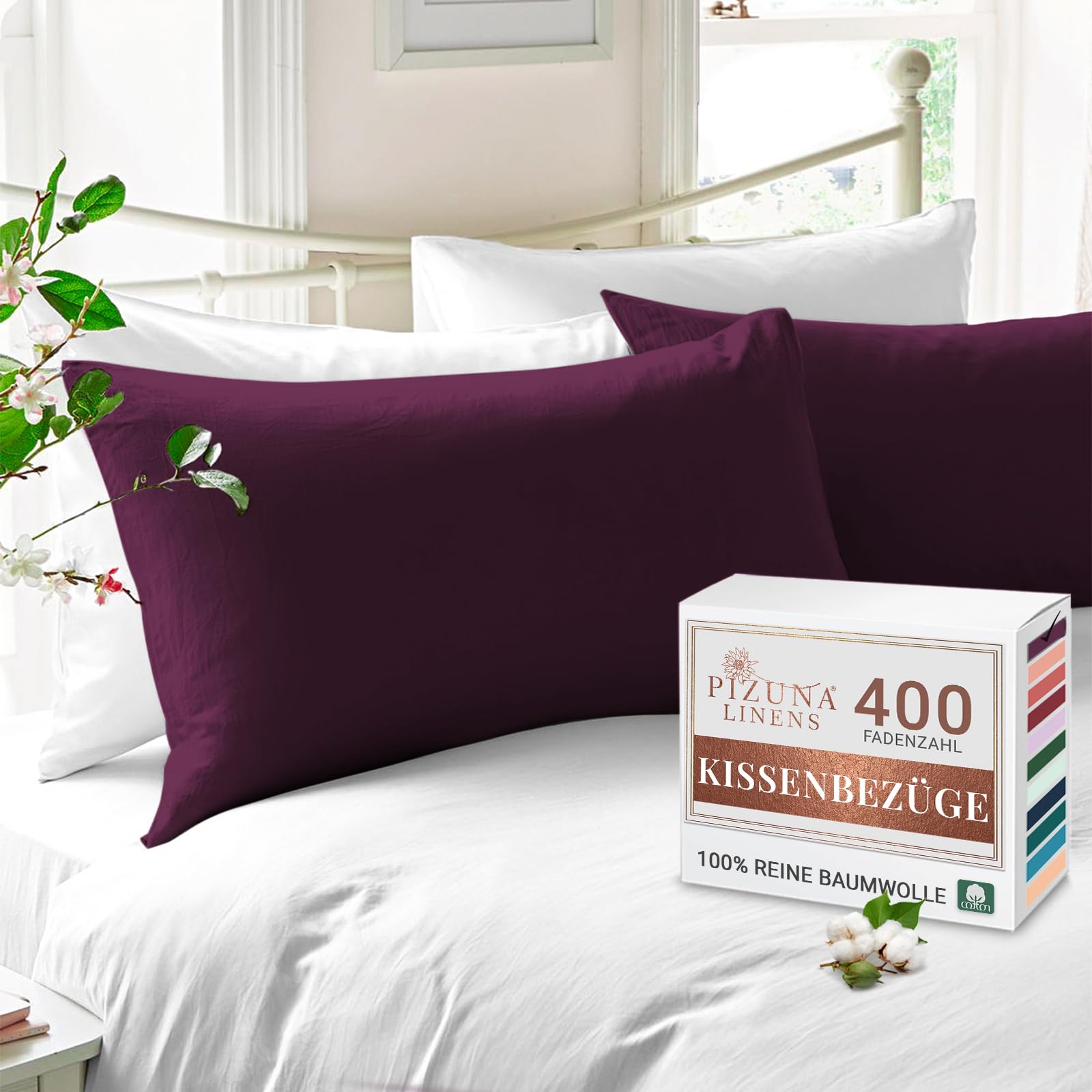 Pizuna Luxuriöser Soft-Satin 2er Pack Kissenbezug 40x80 cm Bierige Pflaume, 400 Fadenzahl Baumwolle Quadratisch Kissenbezüge, 100% Langstapel Baumwolle Nur Kissenbezug, 40x80 cm Mako Satin