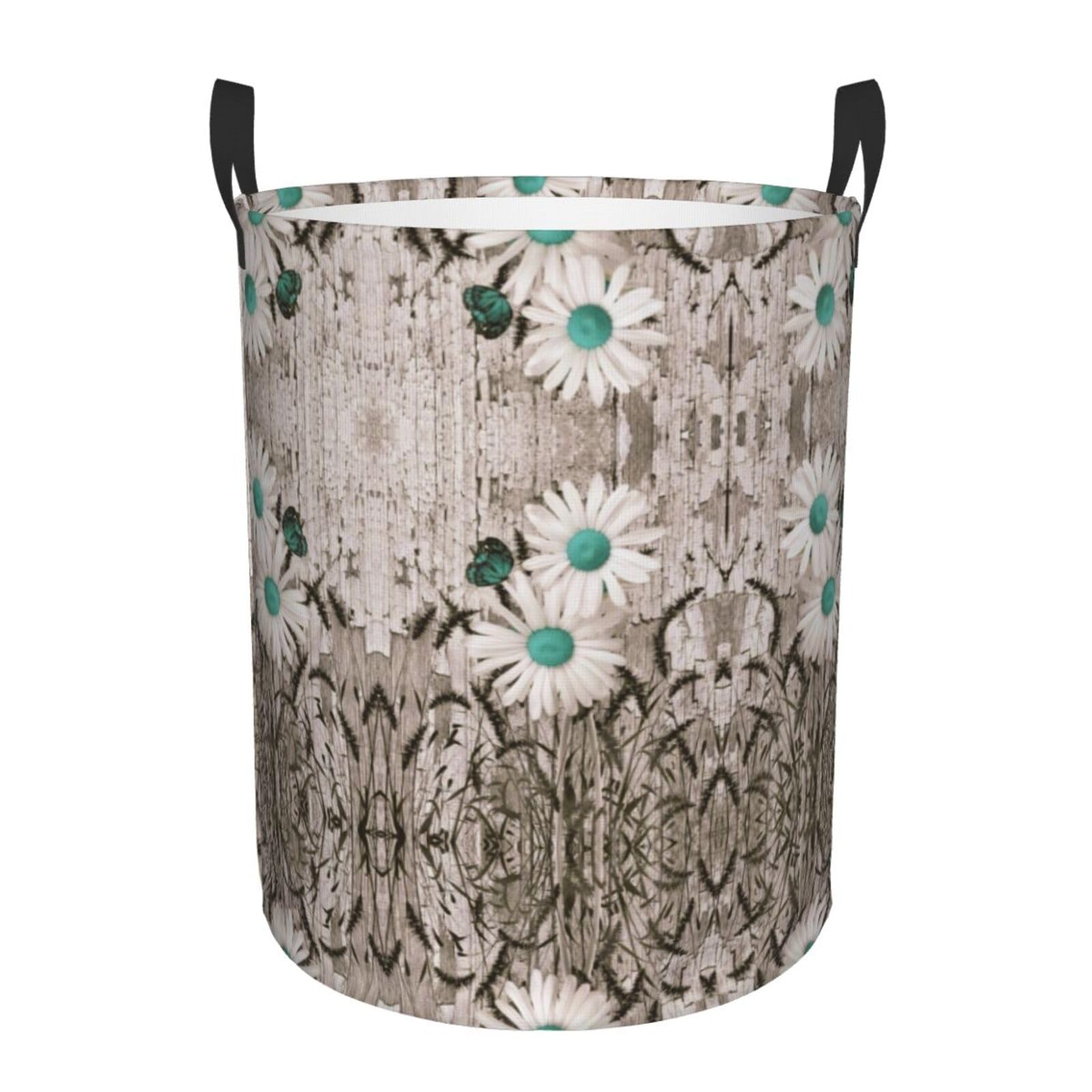 S Collapsible Round Daisy Flowers Print Laundry Hamper