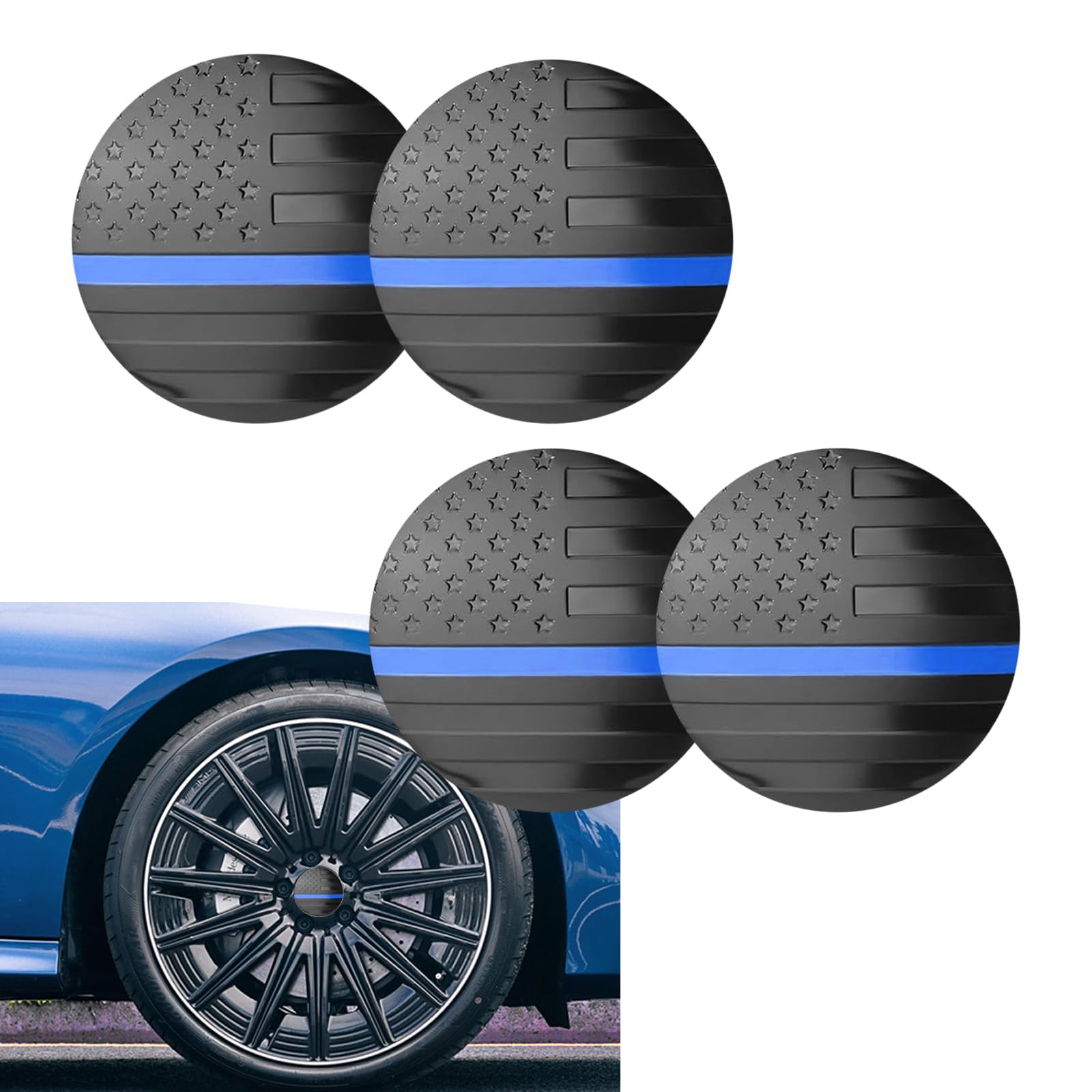 4 PCS American Flag Decorative Wheel Center Caps, Rust-Proof Durable Round Car Hub Caps, 2.2" x 2.2" Rim Fastening Mounting Accessories, Universal for Most Cars (Blue)