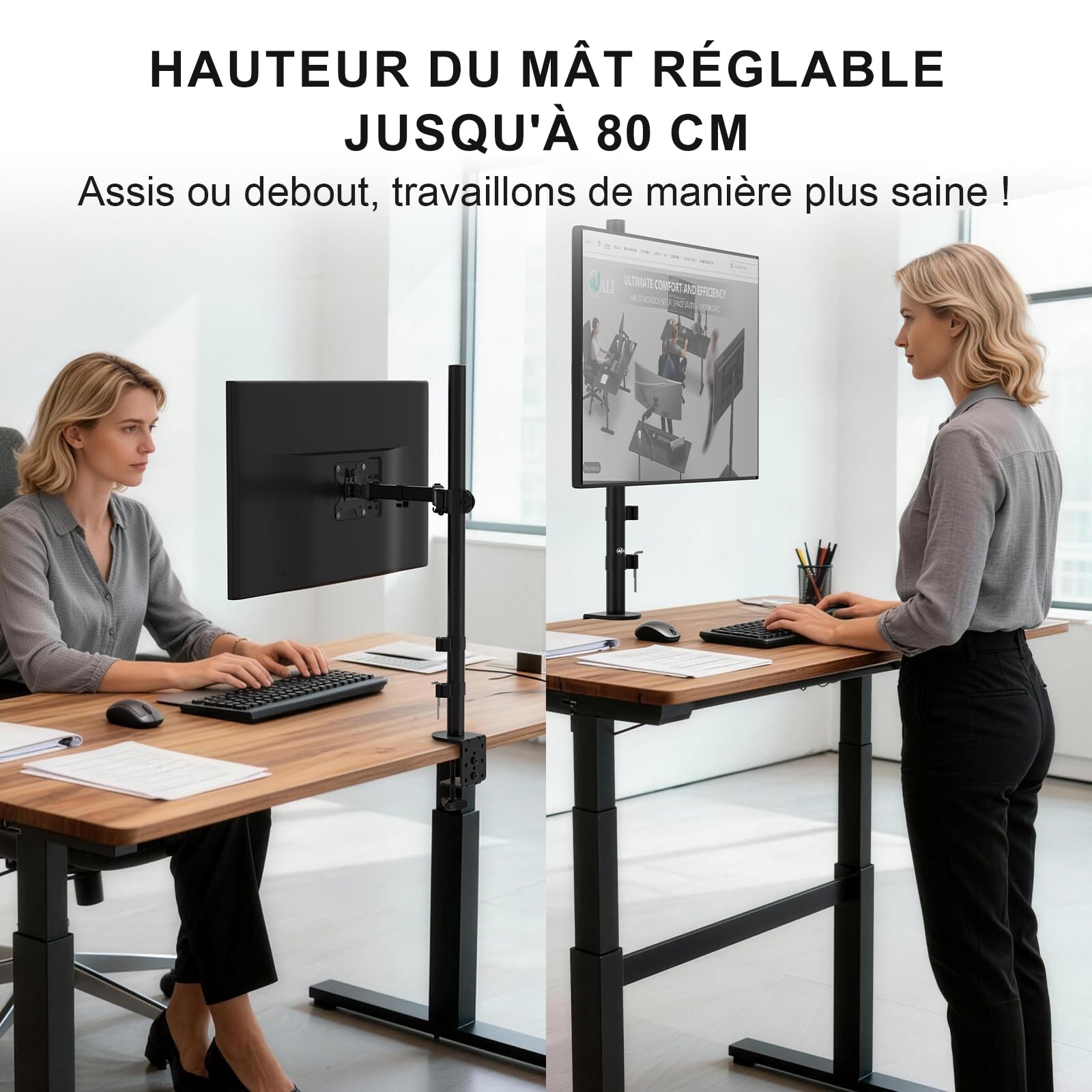 WALI Support Ecran PC Bras Simple pour Moniteurs 32 Pouces, Rotatif Pivotant, 10kg, VESA 75/100 mm