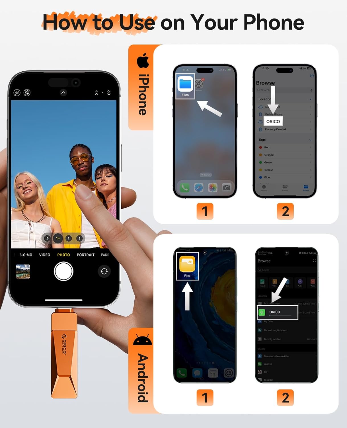 ORICO 256GB USB 3.0 Flash Drive 150MB/S Metal Housing Swivel Design Support OTG Function 2 in 1 PenDrive for USB C and USB A Devices -CB05 OR