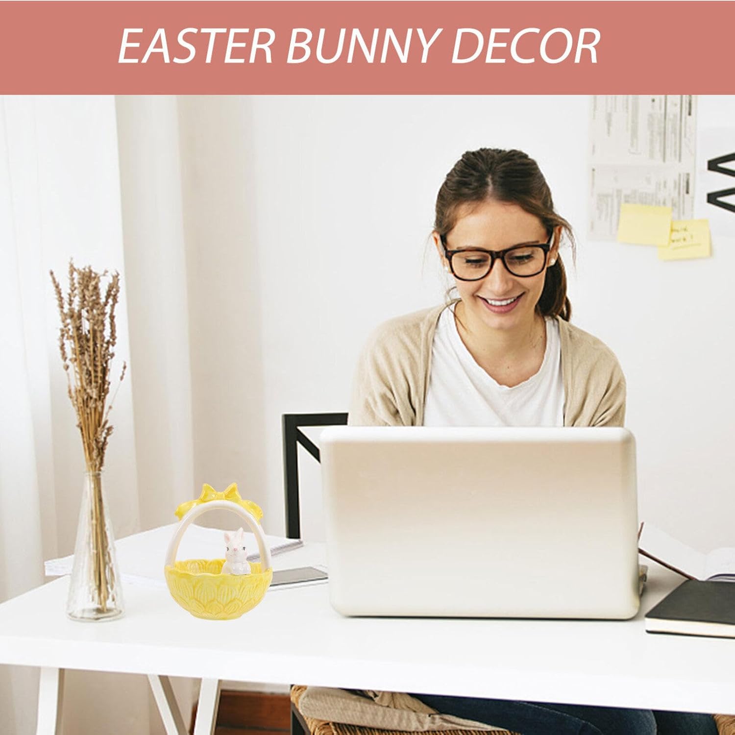 Luxshiny Easter Bunny Basket Decor Adorable Figurine for Home Office and Party Lifelike Adornment for Seasonal Display