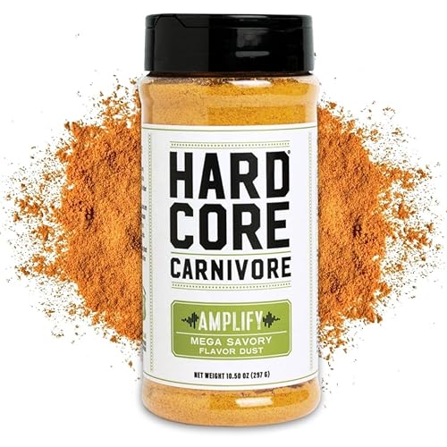 Hardcore Carnivore Amplify - Condimento de polvo de sabor mega sabroso (agitador de 10.5 onzas) Umami - Mezcla multiusos hecha en Texas para carne,