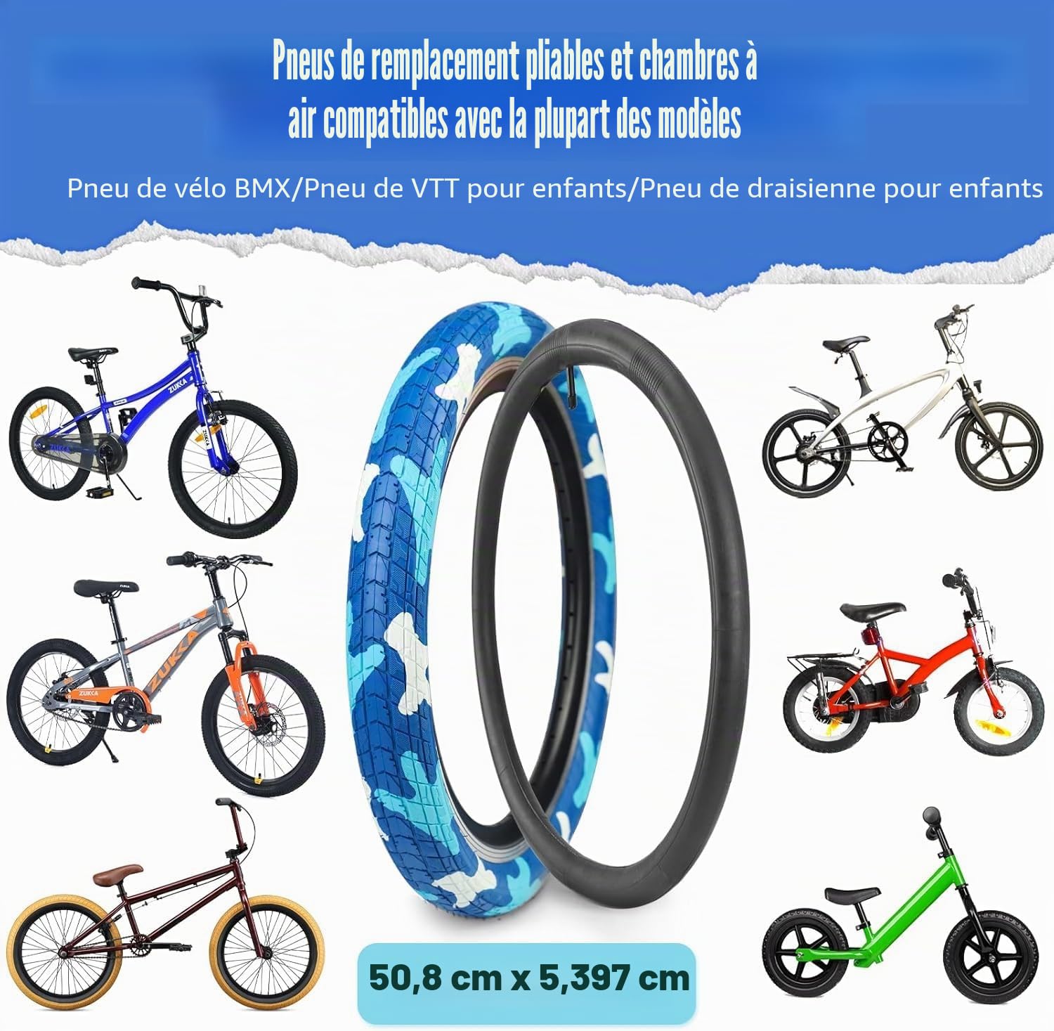 ZUKKA Lot de 2 pneus de vélo 20 x 2,125 - Bleus - 54-406 (20 x 2,125) - Pneus de vélo BMX avec chambres à air - Pour enfants - Bleu - 20" - Convient pour les vélos BMX pour enfants