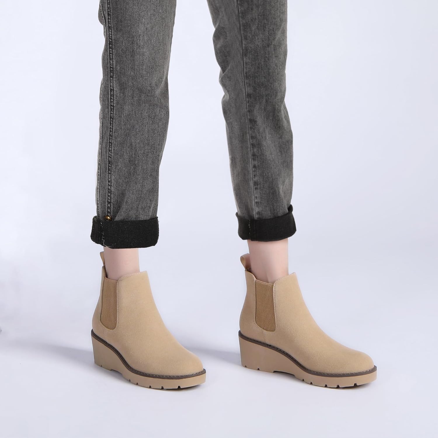 Athlefit Women's Chelsea Wedge Boots Elastic Platform Lug Sole Slip on Wedge Ankle Booties - Image 2