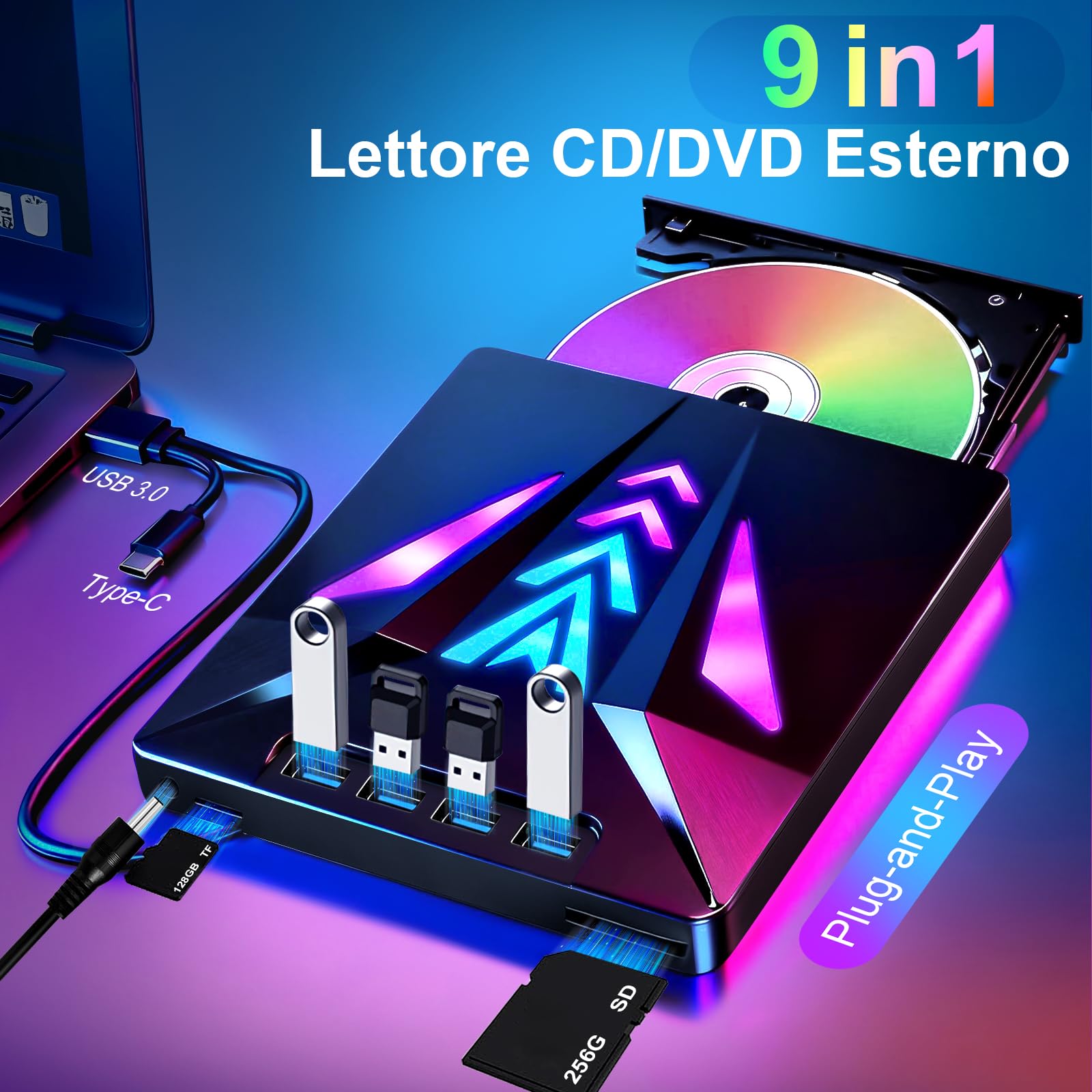 Lettore CD/DVD Esterno per PC Portatile, Masterizzatore DVD Esterno Unità Esterna CD/DVD Velocità 5 Gbps 4 Porte USB 3.0 -/+RW/ROM per Windows 11/10/8/7/XP/Vista, Linux, MacOS, Laptop, Desktop
