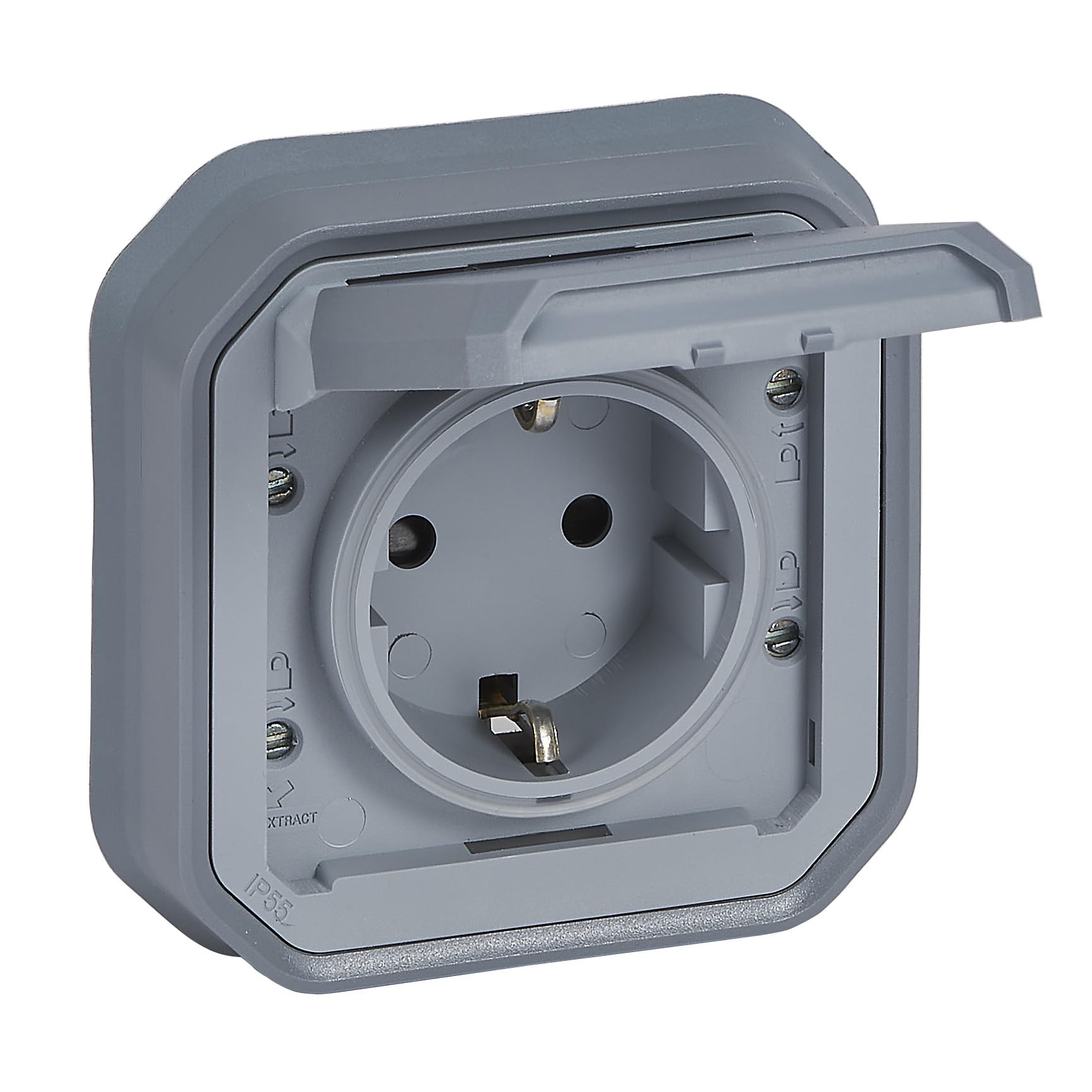 Legrand Grey, Flush-Mounted Plexo New 069833L Attachment For Wet Room Socket, Schuko Standard, Includes Hinged Lid, Touch Protection, Installation With Screw Terminals, 16 Amp, 250 Volt, Ip44 - Ik07, Colour: Grey