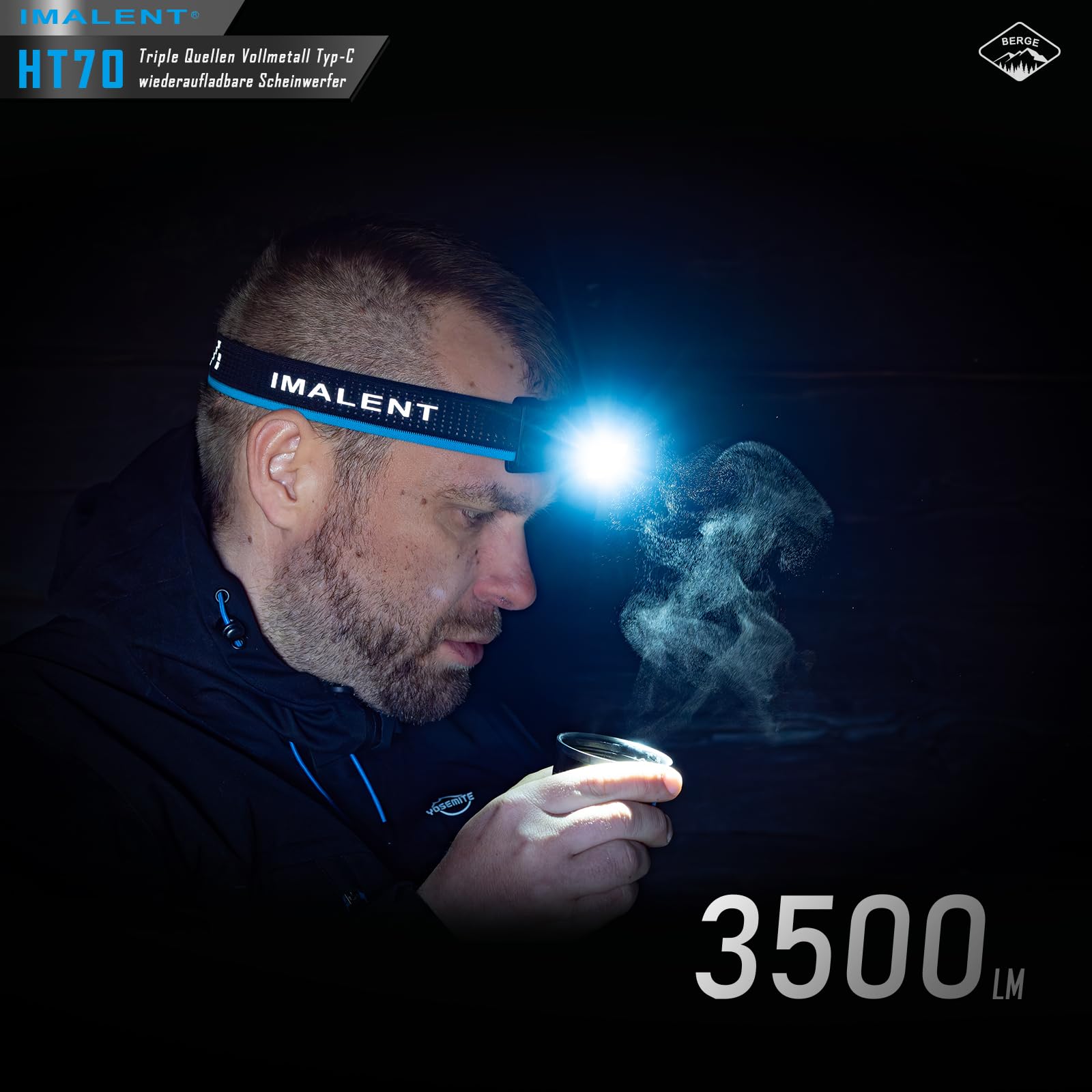 IMALENT HT70 LED Stirnlampe mit 3500 Lumen, 349 Meter Leuchtweite, USB-C Stirnlampe Led Wiederaufladbar 3 Lichtquellen mit Rotlicht 180° Verstellbar fürs Laufen, Angeln, Campen, Notfälle