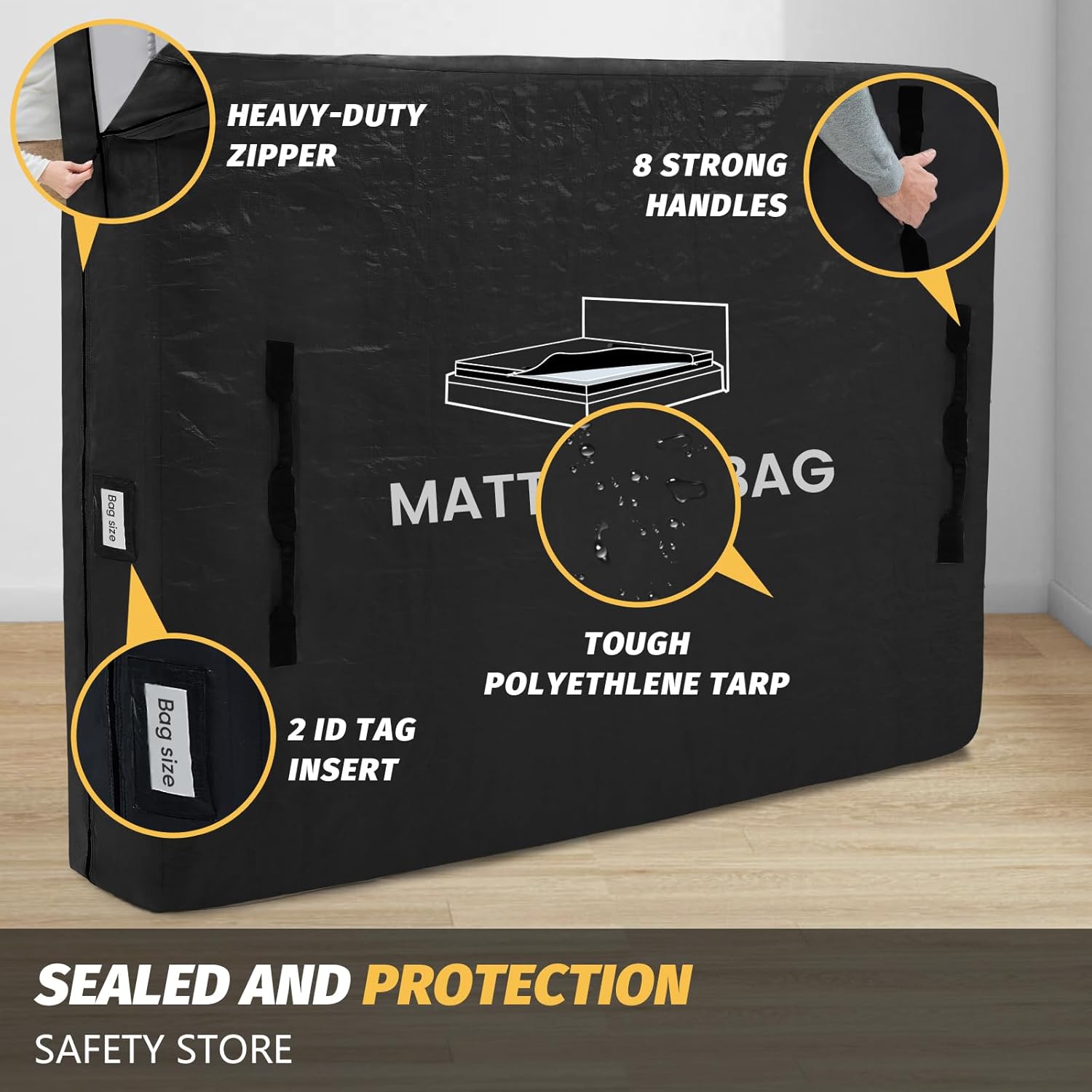 Mattress Bags for Moving, BETU Mattress Protector Waterproof Mattress Cover Crib Size Storage Bags with 8 Heavy-Duty Handles and Zipper for Bed Extra Thick Large Reusable (52"x28"x6.5" Black)