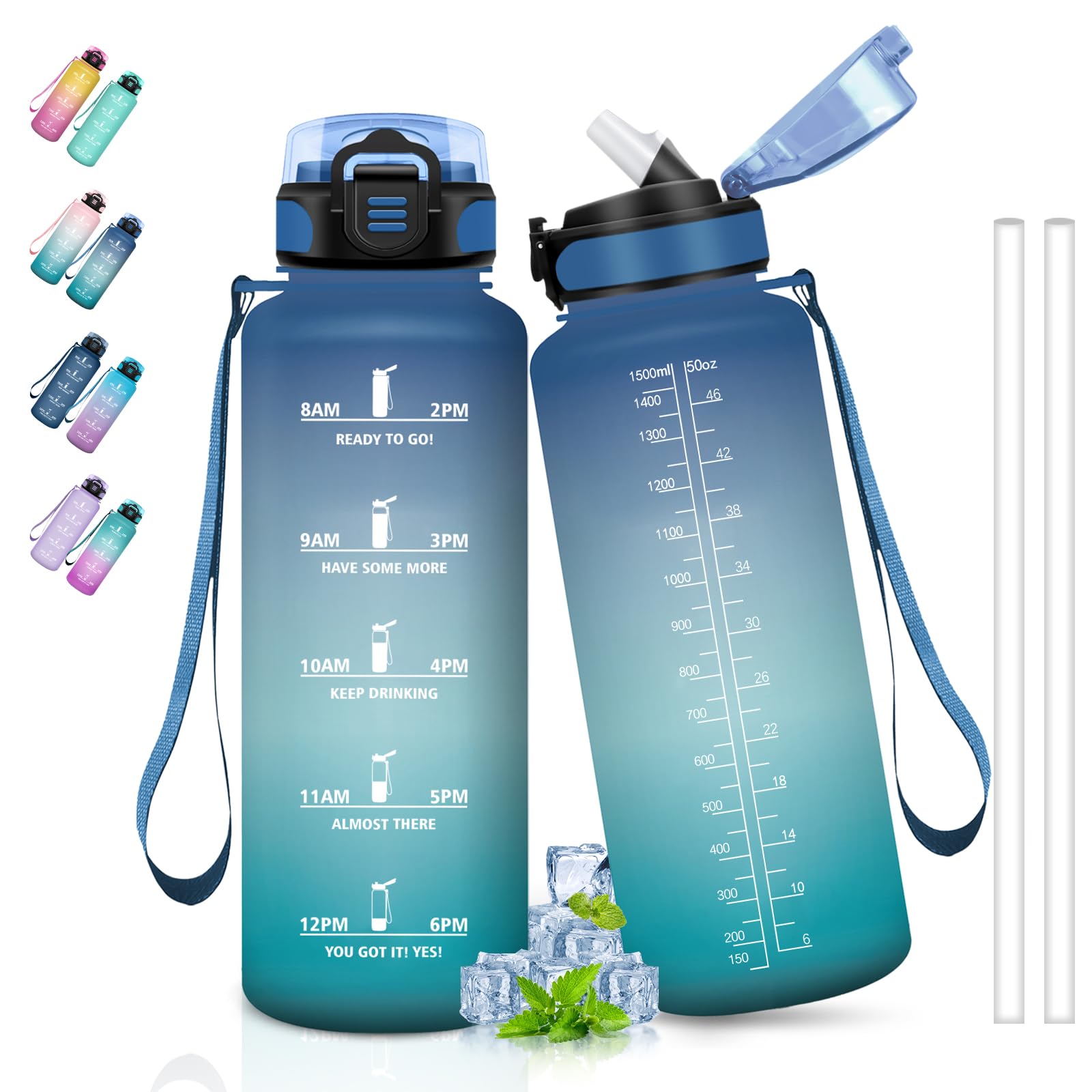 Grsta Water Bottle 1.5 Litres Sports with Time Marking with Straw Leak-Proof Easy Clean Water Bottle for Hiking Fitness Camping Yoga Blue Green