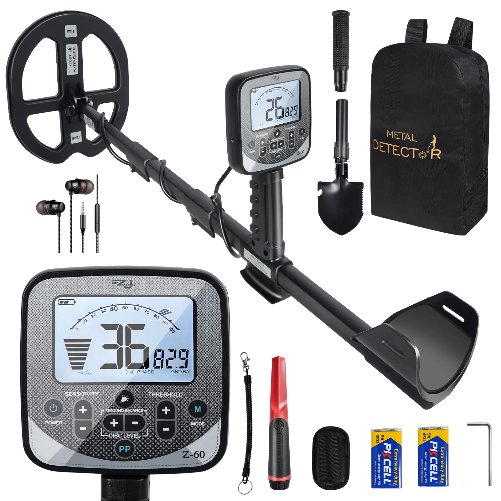 PRO-Z60 Metal Detector for Adults with Pin Pointer,16" Detection Depth Professional Metal Detector Kit High Frequency 19.23kHz Gold Detector with Ground Balance,Double-D Waterproof Coil for Beach