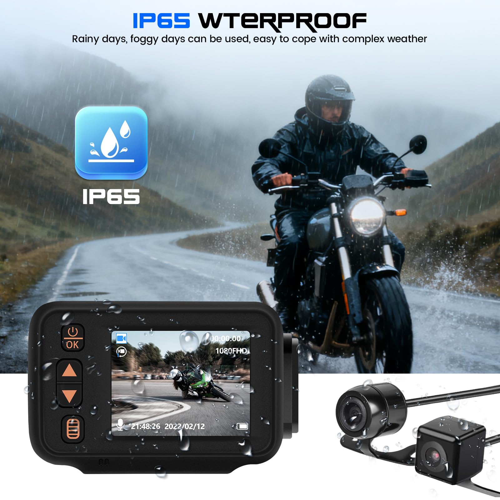 【Novedad 2026】 Camecho Dashcam 1080p para Moto con cámara Delantera y Trasera, Pantalla IPS HD de 2 Pulgadas, cámara para Moto con certificación IP65, Dash CAM para Motocicleta