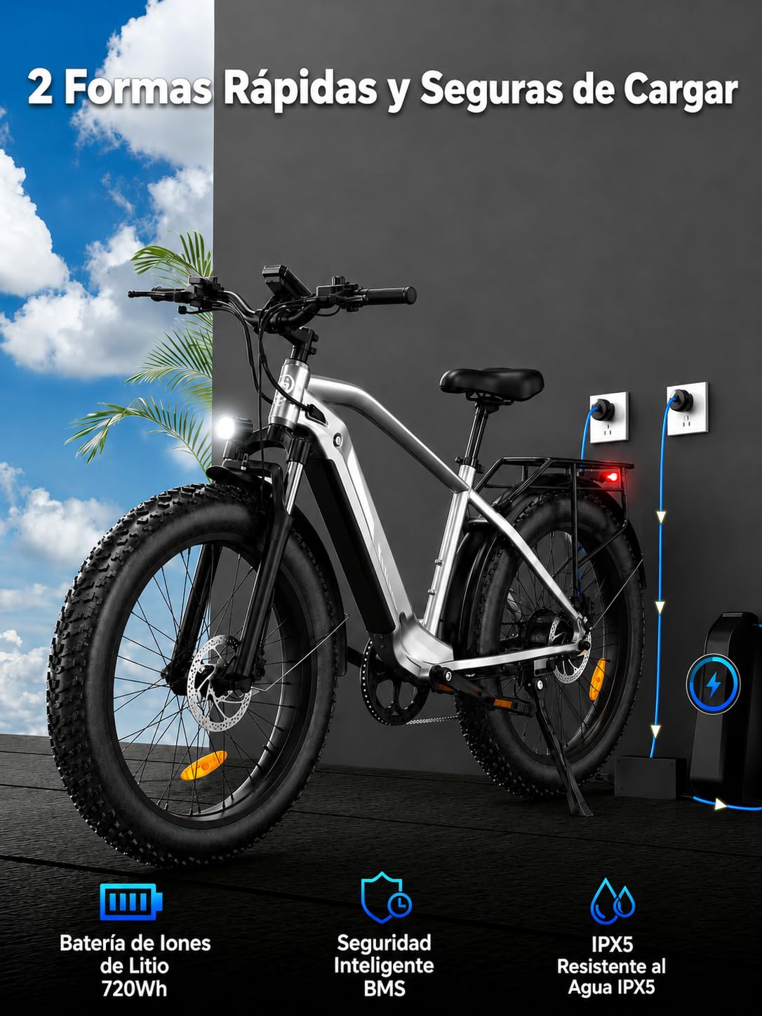 Bodywel D6 Bicicleta Eléctrica, 26x4.0 Fat Bike Bici Electrica Adultos Montaña, Batería de 48V 15Ah, Motor 250W, 7 Velocidades, Horquilla de Suspensión, Frenos de Disco Hidráulicos