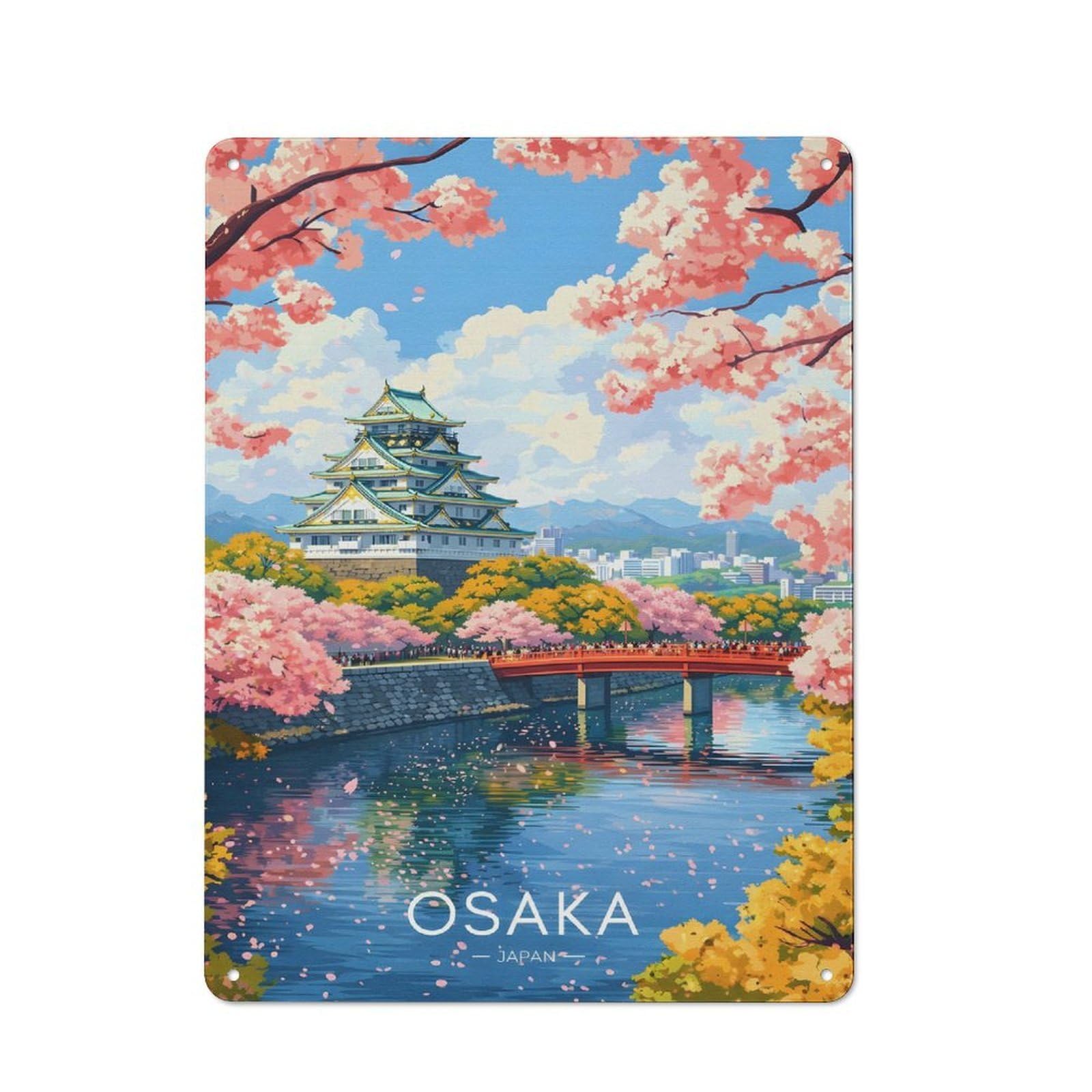 Osaka Castle with Cherry Blossoms(2) Outdoor Room Metal Wall Decor 40x30cm, Rustic Tin Sign for Shed, Garden Room, Porch Or Garage