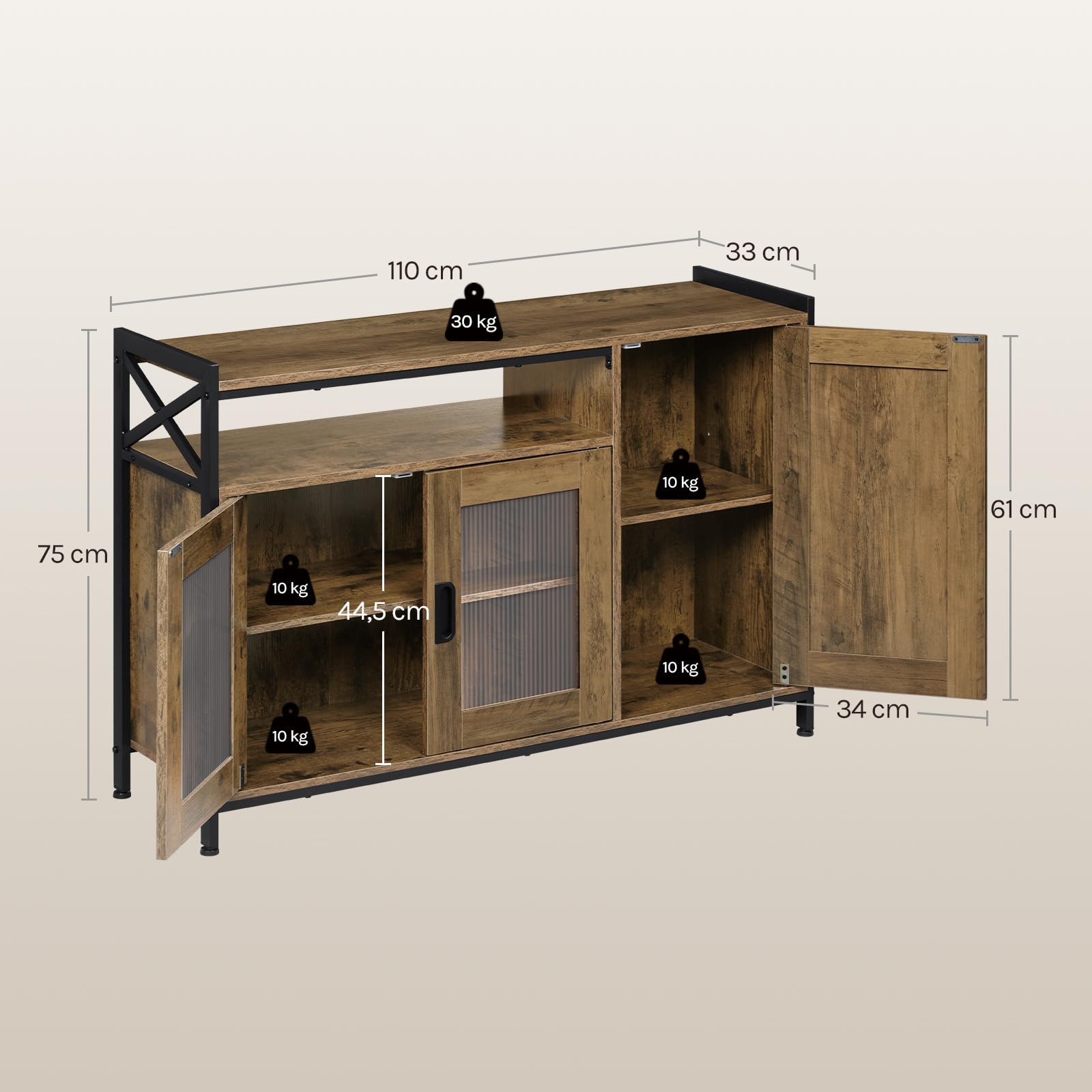 WOLTU Credenza Cucina con 3 Ante, Mobile Buffet Salvaspazio con 2 Ripiani Regolabile, in Legno e Metallo, per Cucina, Soggiorno, Ingresso, 110x33x75 cm, Effetto Legno Marrone