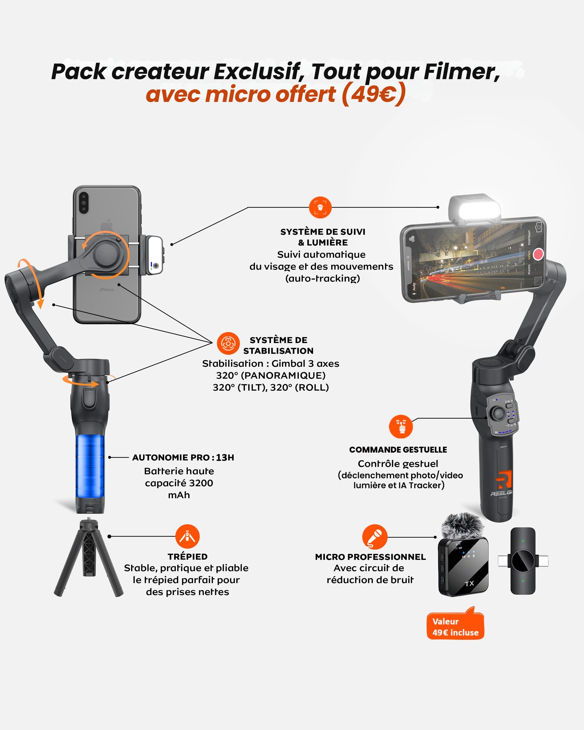 Studio Pro – Stabilisateur Smartphone 3 Axes avec Suivi IA, Éclairage LED, Micro-Cravate, Trépied Intégré & Batterie 13H | Gimbal compatible avec Iphone telephone Android | Kit Créateurs & Pros