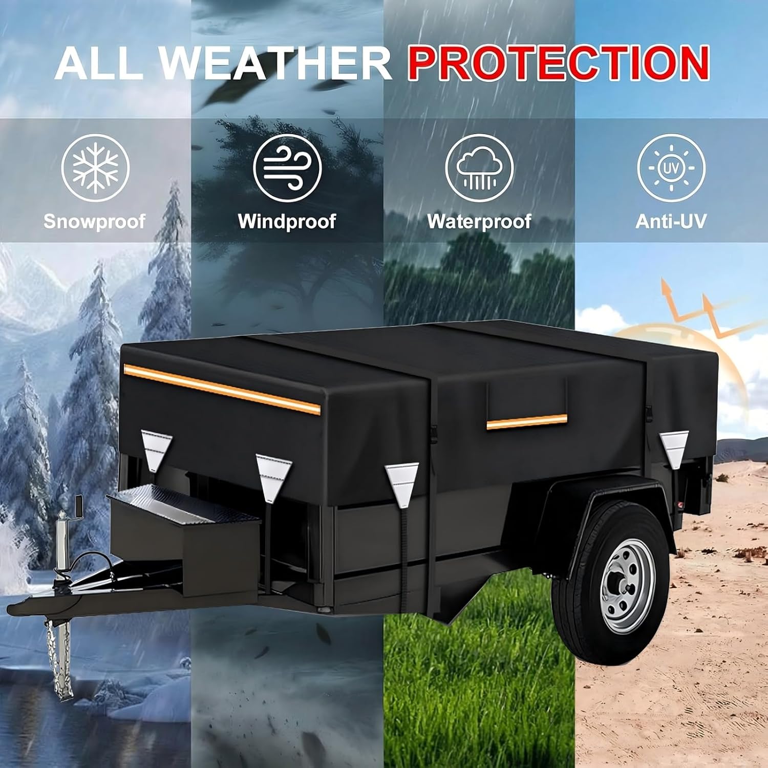 Pop Up Camper Cover, Folding Tent Trailer Accessories Travel Camping RV Cover Extra-Thick 600D Oxford PU Waterproof Anti-UV with Windproof Straps,Black,5 * 10:(305 * 152 * 60CM)