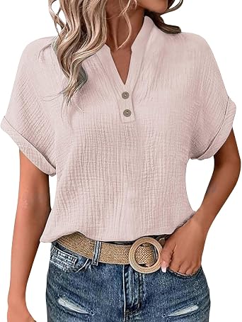 Womens Short Sleeve Cotton Linen Shirts Henley Dressy Casual Summer Tops 2025 Trendy Blouses Beach Vacation Clothes