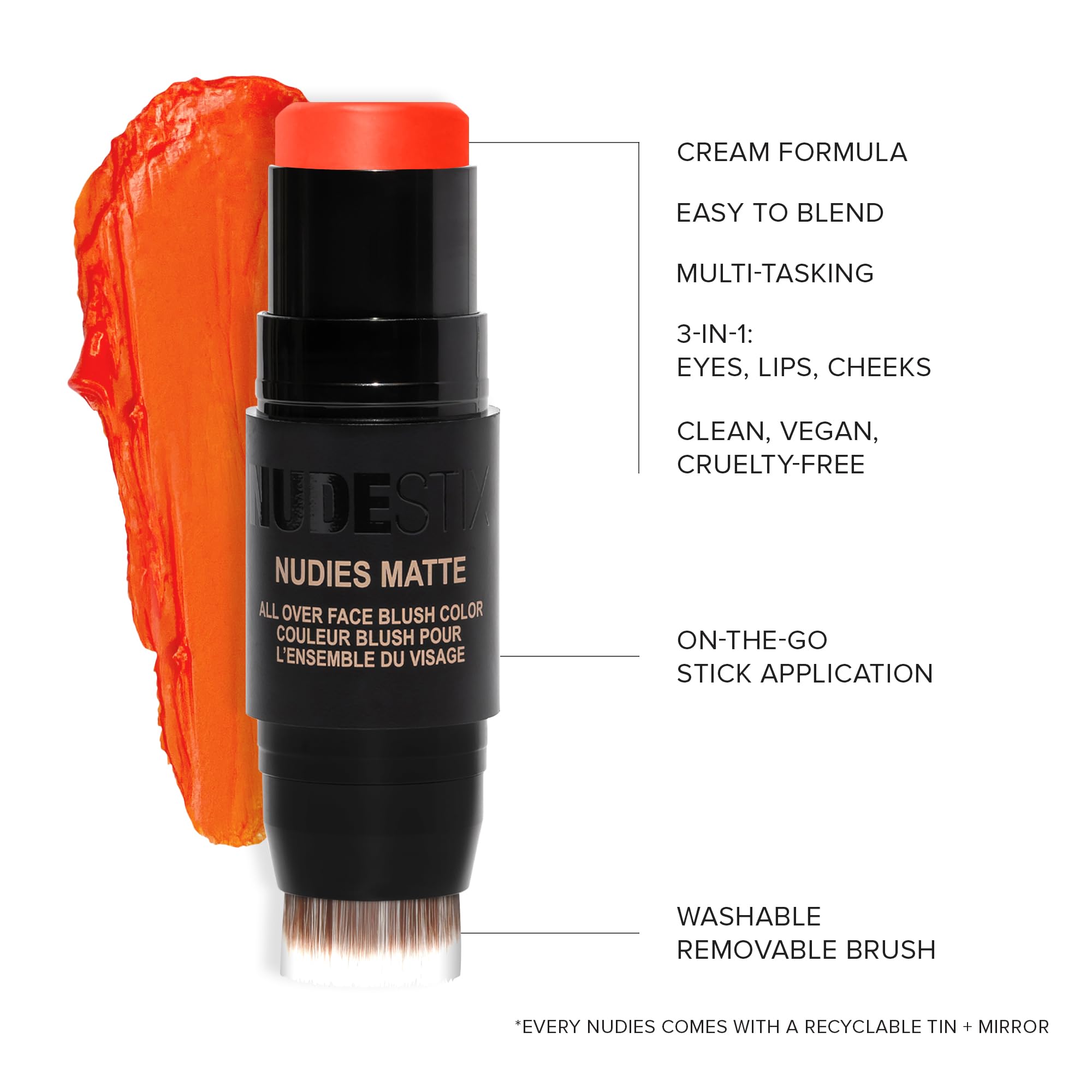 Nudestix Nudies Matte Cream Blush 3-in-1 All Over Face Colour for Cheeks Eyes and Lips w/Blending Brush (Picante) - Image 4