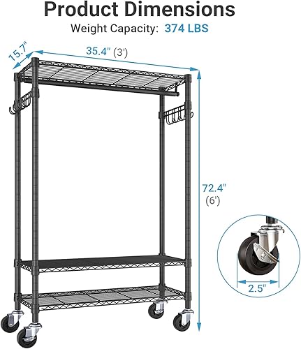 Miniatura 7 de VIPEK R3C - Perchero con ruedas y ganchos laterales, portátil, para colgar ropa, resistente con ruedas y ganchos laterales, estante negro con