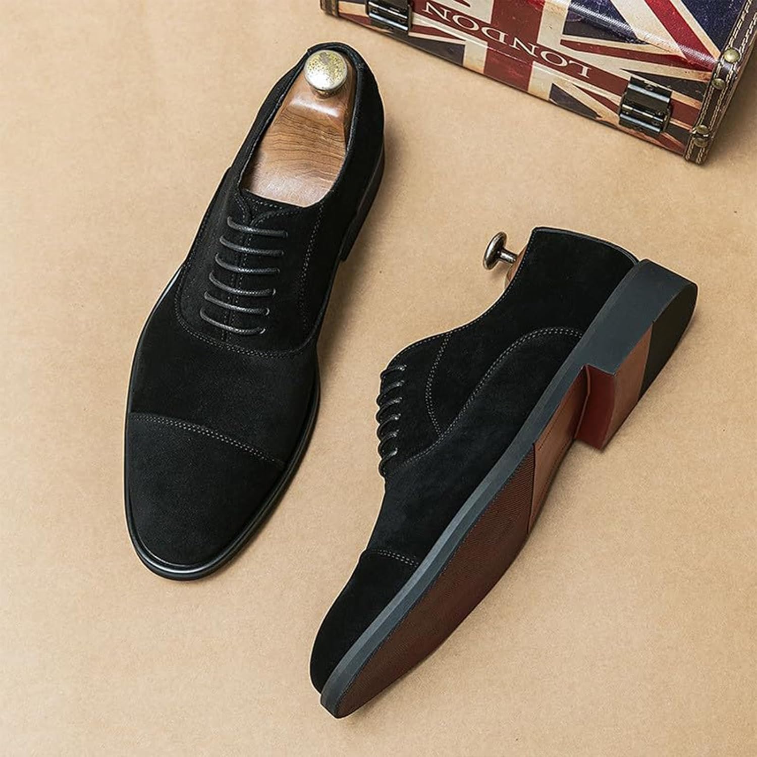 Mens Suede Leather Cap Toe Low Top Business Oxfords Modern Pointed Toe Lace-Up Low Chunky Heel Comfy Slip-On Derby Shoes for Business Formal Party Wedding - Image 3