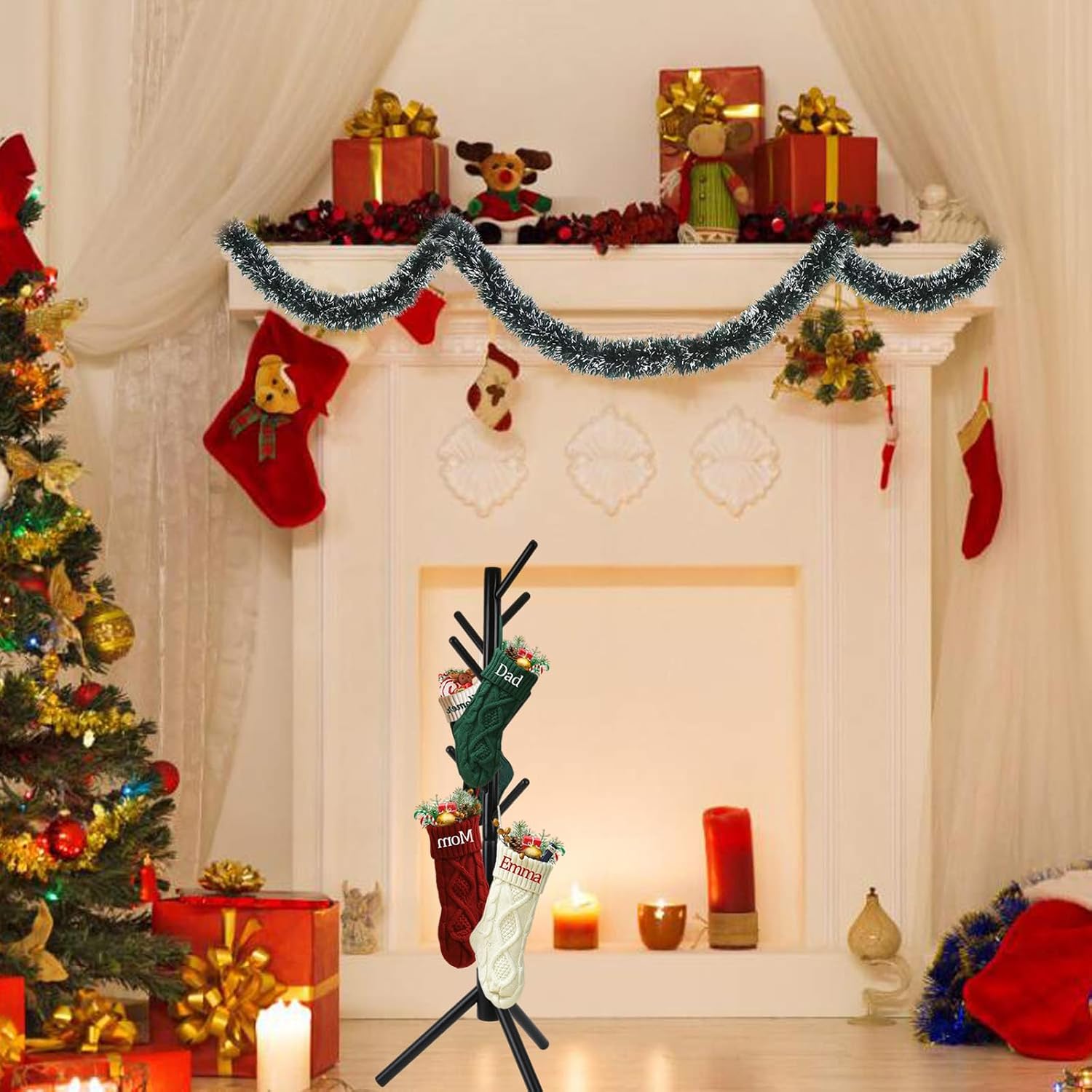 Christmas Stocking Holder Stand, Wooden Christmas Hangers Stand for Hanging Christmas Stocking, 8 Hooks Black