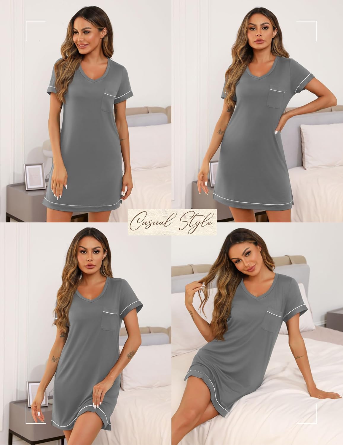 Ekouaer Womens Nightgowns for Women Short Sleeves V Neck Sleepwear Plus Size Sleepshirt Short Nightshirt Tshirts Dress S-XXL - Image 4