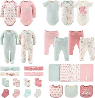 The Peanutshell Newborn Clothes & Accessories Set | 30 Piece Layette Gift Set | Fits Newborn to 3 Months | Pink Elephant & Floral