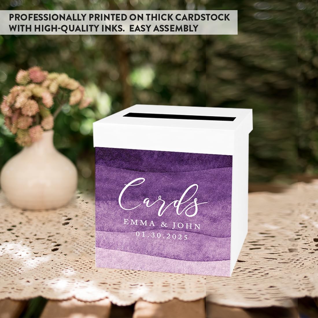 Andaz Press Sturdy White Personalized Wedding Day Card Box Purple Ombre Watercolor Custom Wedding Gift Boxes for Cards Personalized Card Box 10x10x10 Inches