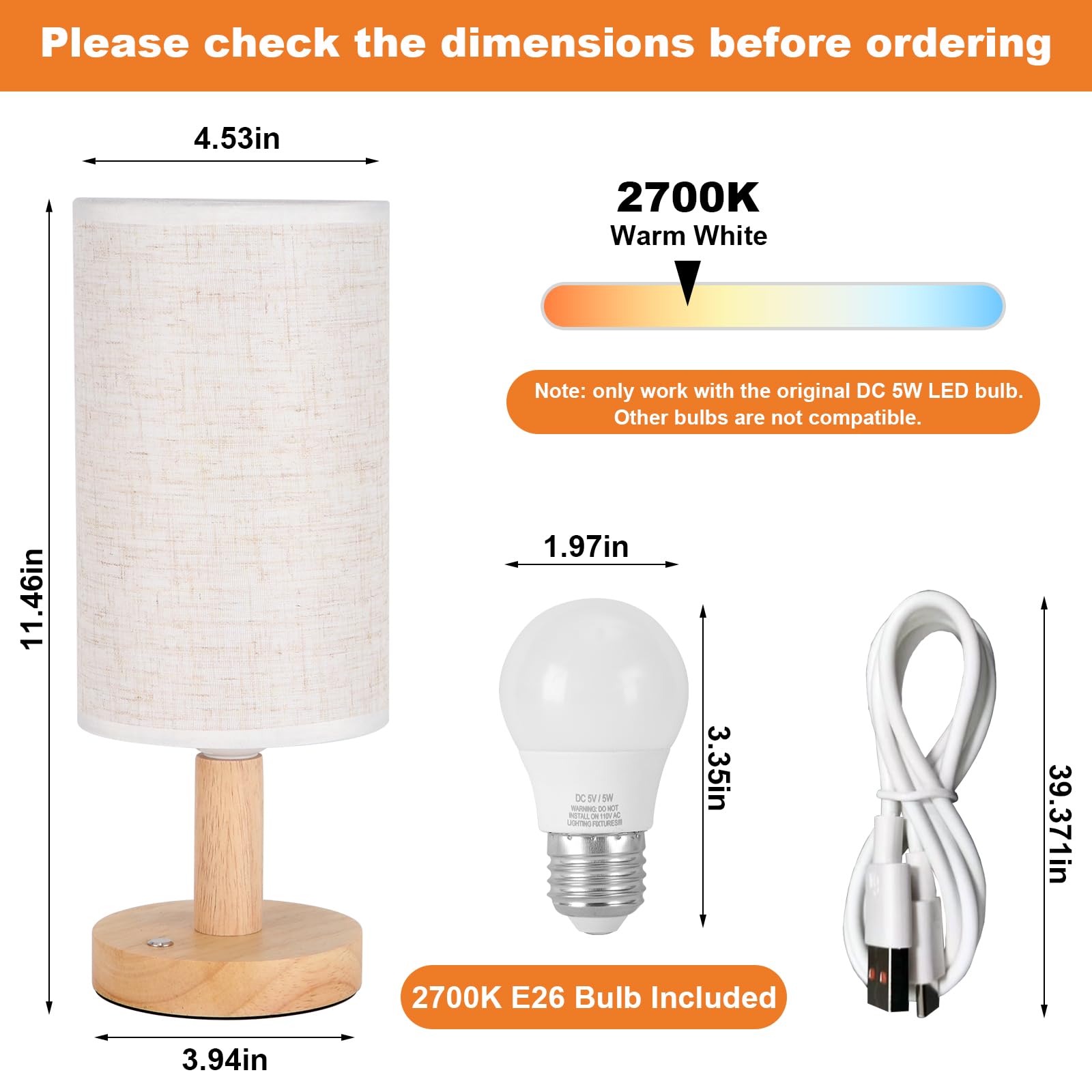 Touch Control Bedside Table Lamp With Wood Base - USB Powered Dimming Night Light For Bedroom