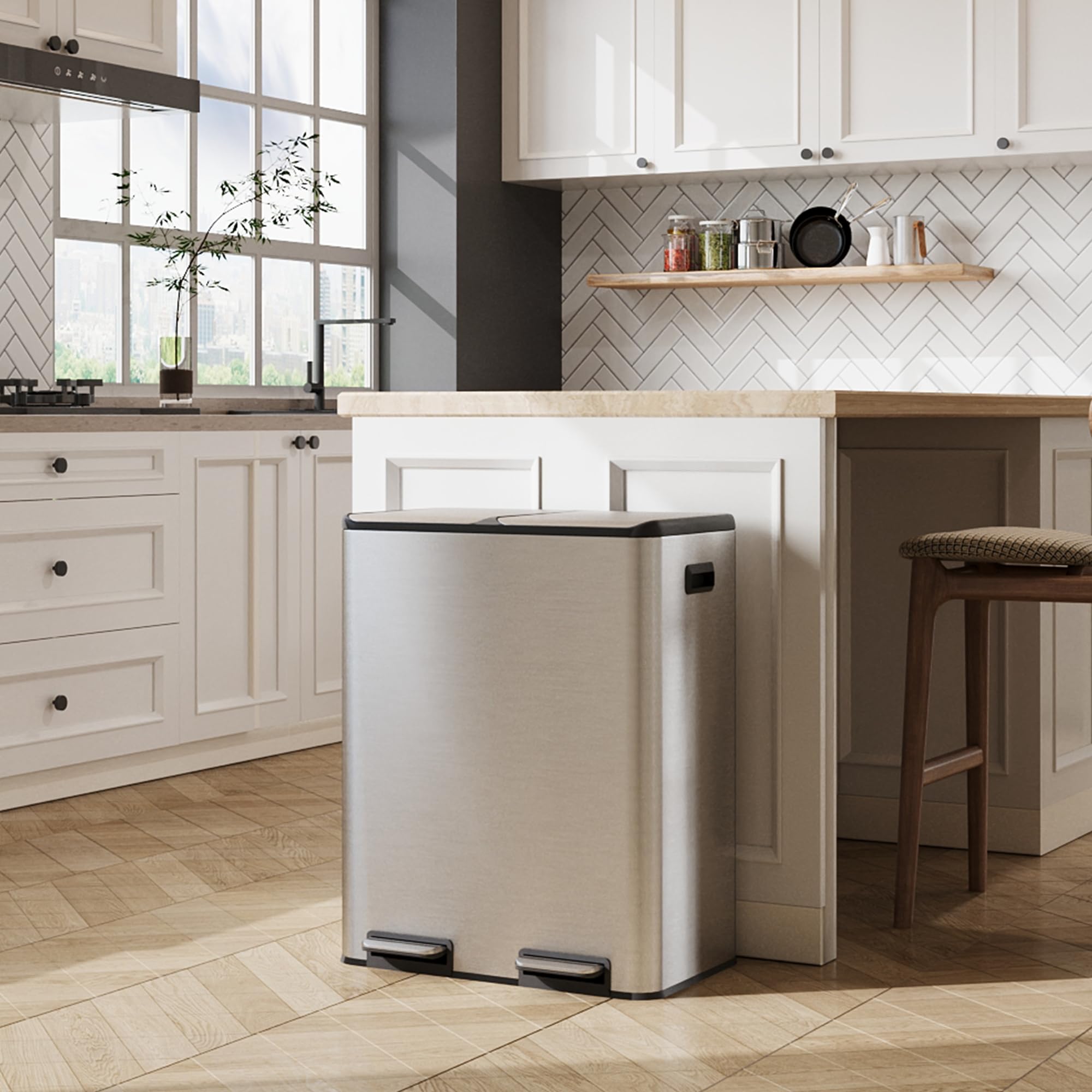 WLIVE Cubo de Basura 2 x 30L (60L en Total), Cubo de Basura para Cocina, Sistema de Reciclaje de Acero Inoxidable con 2 Compartimentos, Cubos Interiores de Plástico,Tapa Soft-Close,Plateado