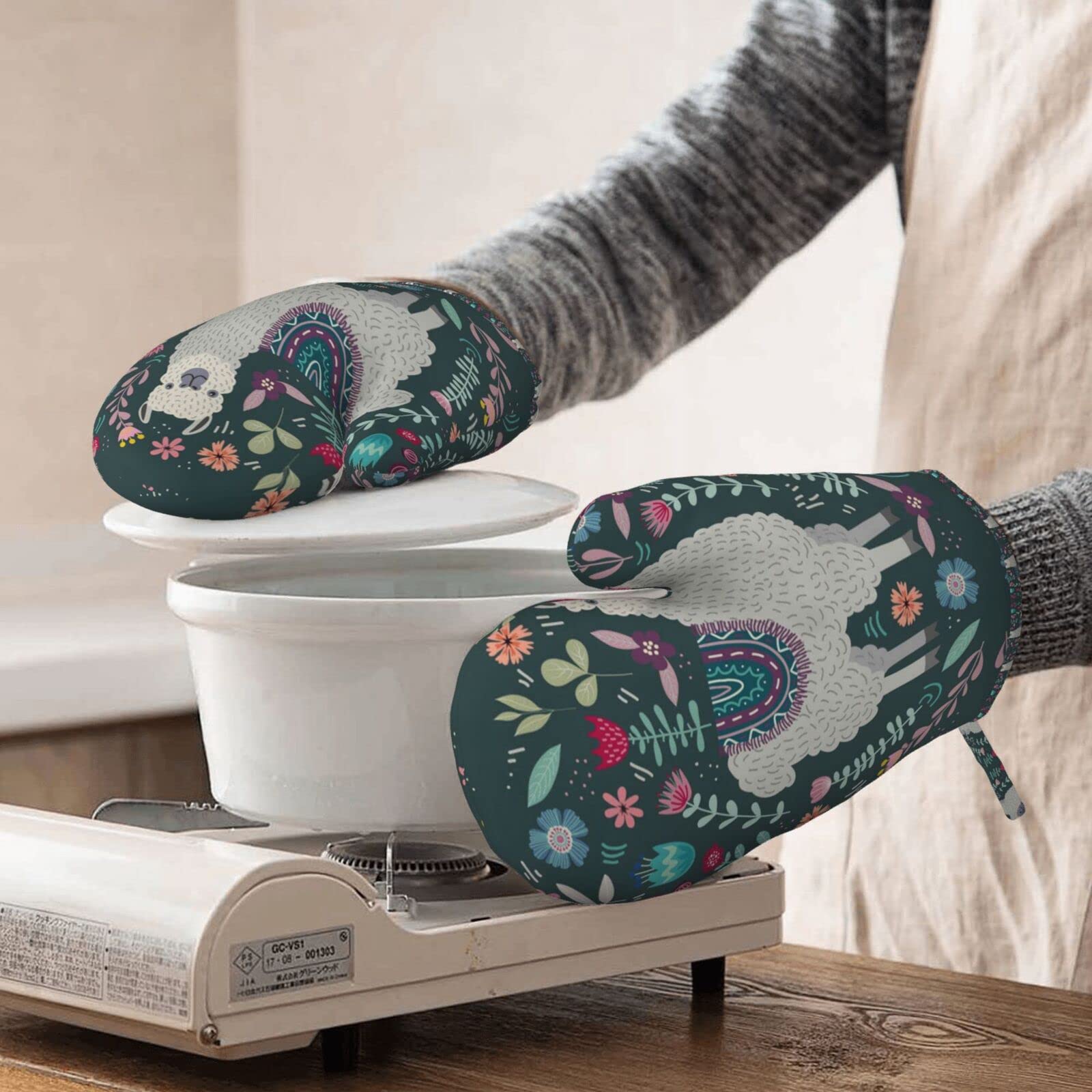 Niedliche Lama-Handschuhe mit Blumendruck, rutschfest, Silikon, Ofenhandschuhe, widerstandsfähig, wasserdicht, Küche, Kochen, Backen Küche, Haushalt & Wohnen