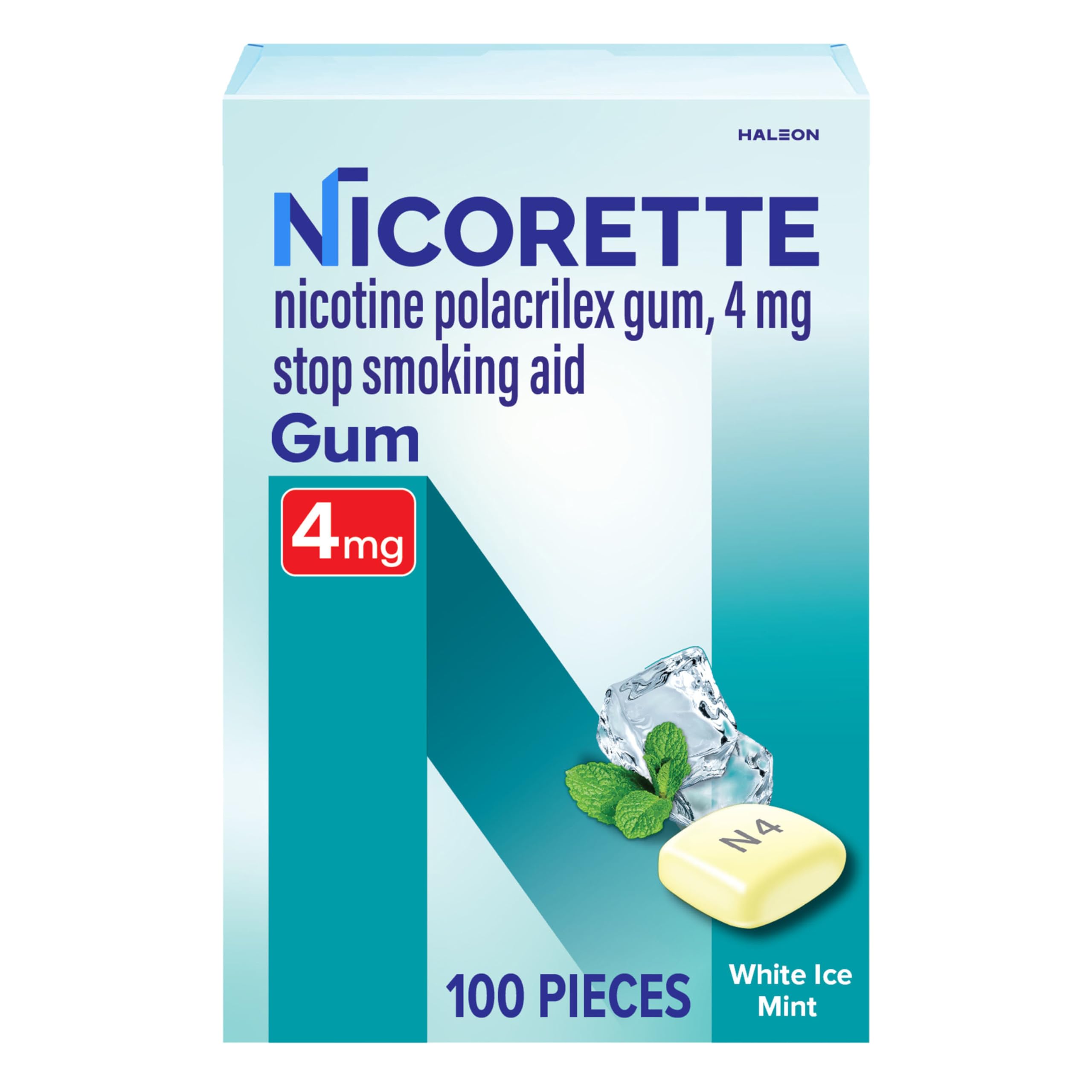 Nicorette 4 mg Nicotine Gum to Help Quit Smoking - White Ice Mint Flavored Stop Smoking Aid, 100 Count