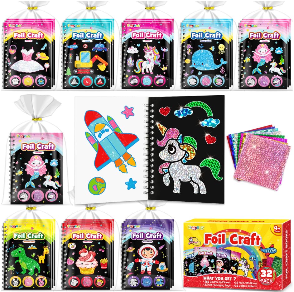 FUNNYB&G Arte con Foil Actividad Libros Colorear Detalles Cumpleaños niños, 2 IN 1 Foil Art&Livros de Colorir infantis, Regalos Cumpleaños Niños Colegio|Manualidades Niños Niña 4-10 Años (clásico 32)