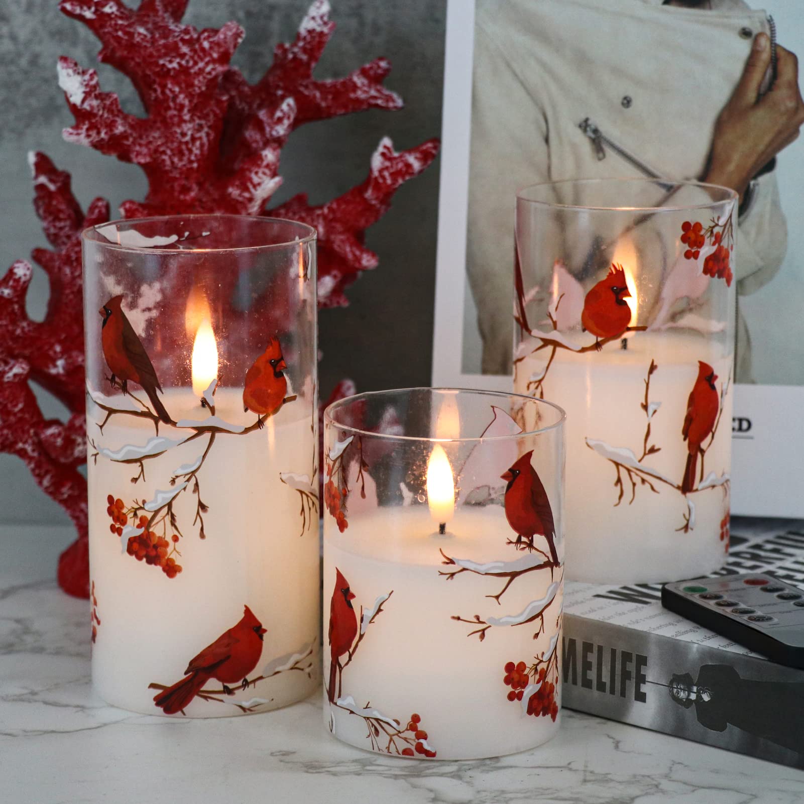 KunSween Christmas Flameless Candles With 6H Timer, 3 Pack LED Flickering Candles With Gold Deer Decals And Real Wax, Christmas Winter Decorations For Home Indoor Table Centerpieces