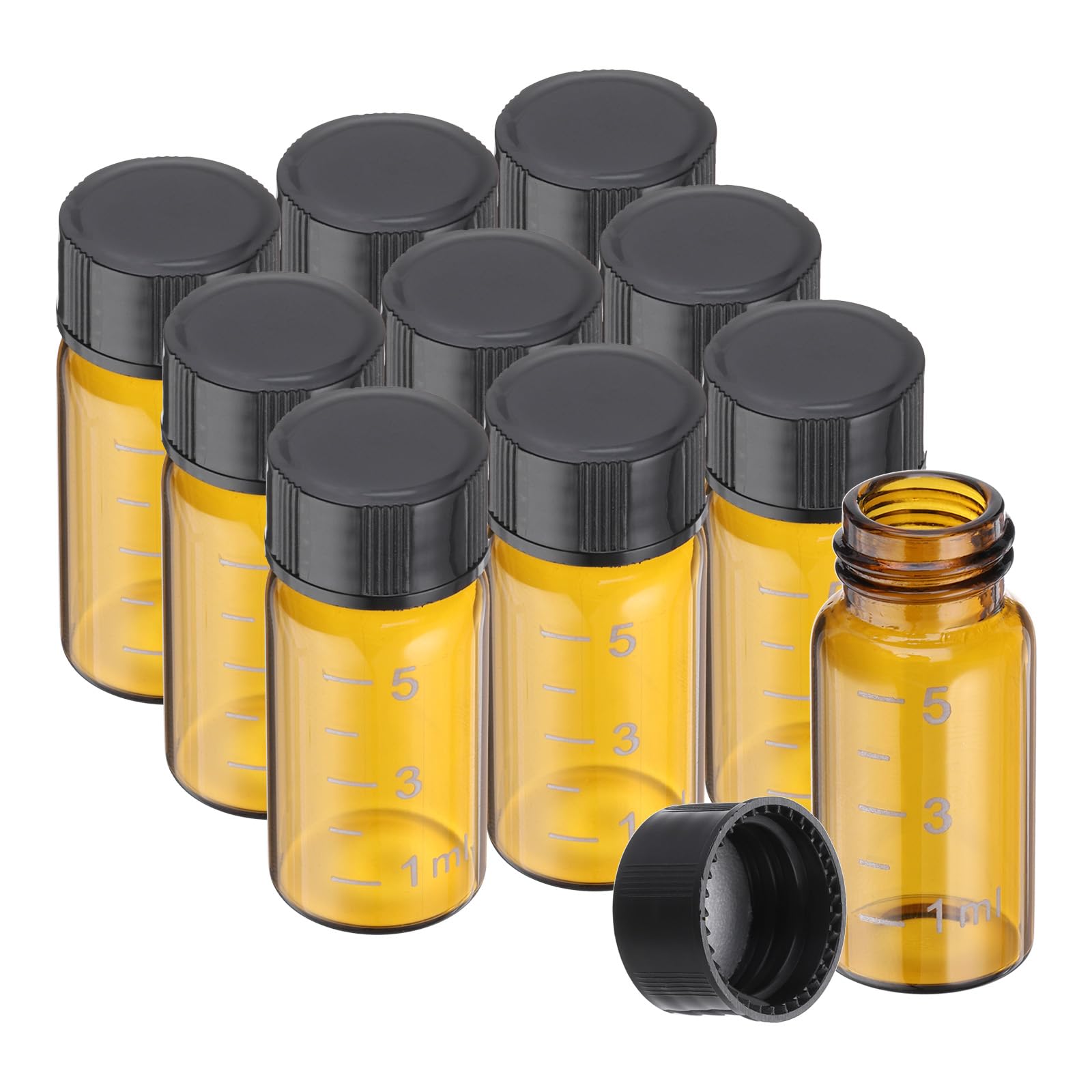 PATIKIL 10pcs 5ml Small Brown Glass Vials with Black Screw Cap, Borosilicate Glass Graduated Sample Bottles for Solid Liquid Powder Storage