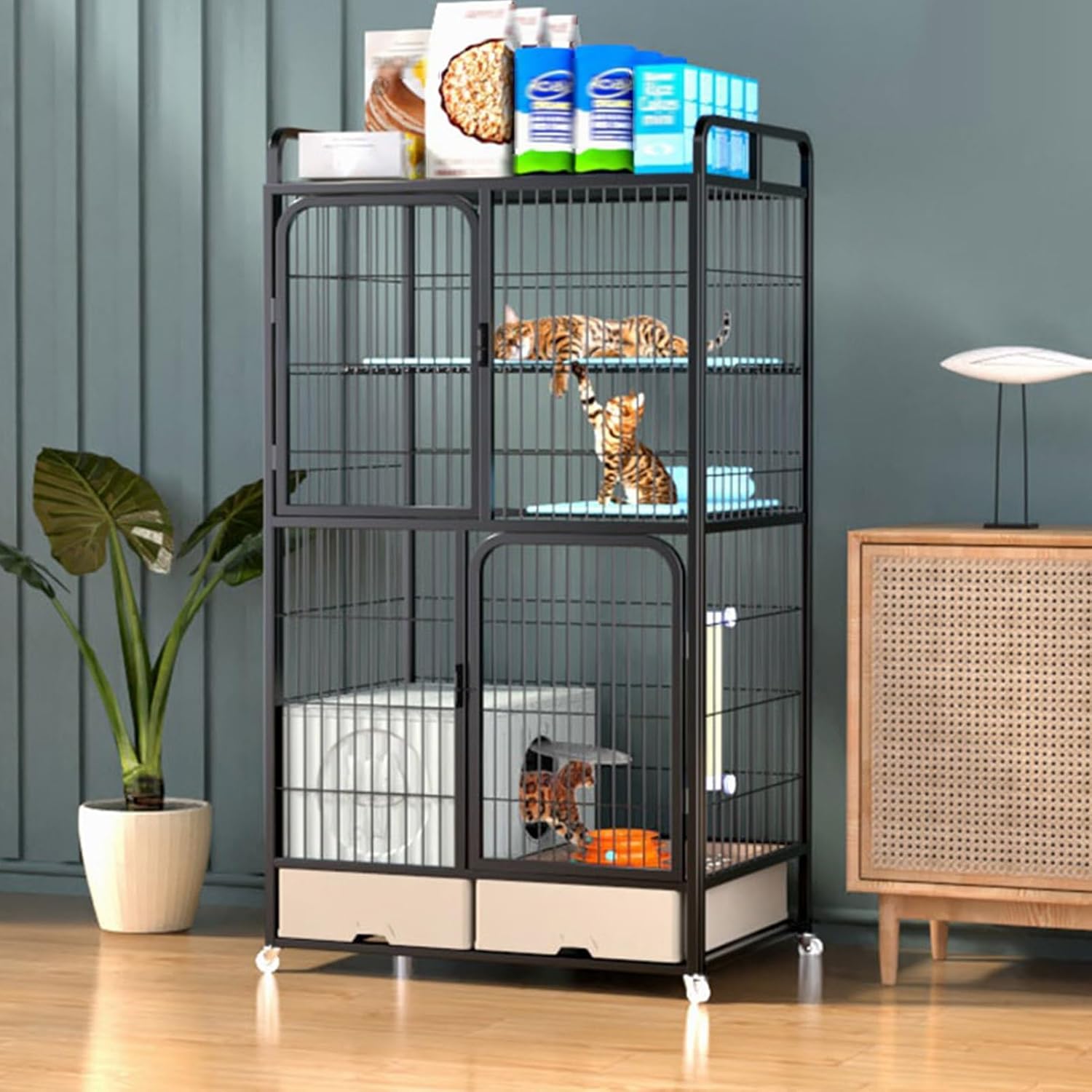 3/4 Tier Cat Enclosures, Large Cat Cage, Cat Playpen Indoor, with Cat Litter Box, Drawer Storage, High Fence, Detachable, Metal Wire Kennels, Pet Playpen(Black,High156cm/61.4in)