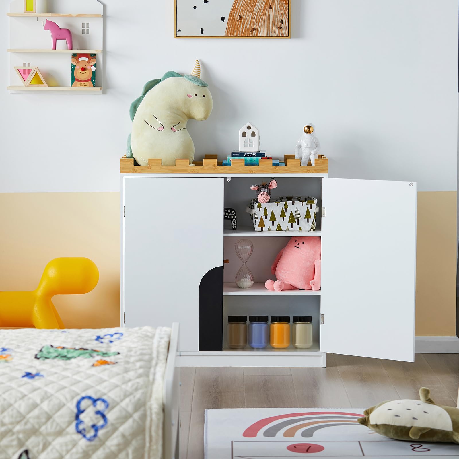 SoBuy Armoire de Rangement pour Enfants, Commode à 2 Portes, Placard pour Chambre d’Enfant, Design de Château, 86x30x87cm, KMB44-W