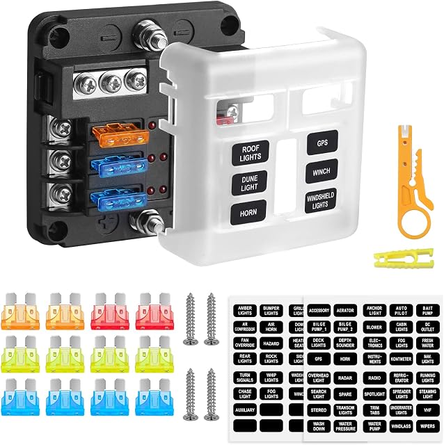 Rovtop 6 Way Blade Fuse Box, 12V/24V/32V Fuse Box with Negative Bus,with LED Indicator and Protective Cover, for Car Automotive, Boat, Truck Marine, SUV (Standard Blade Fuse)