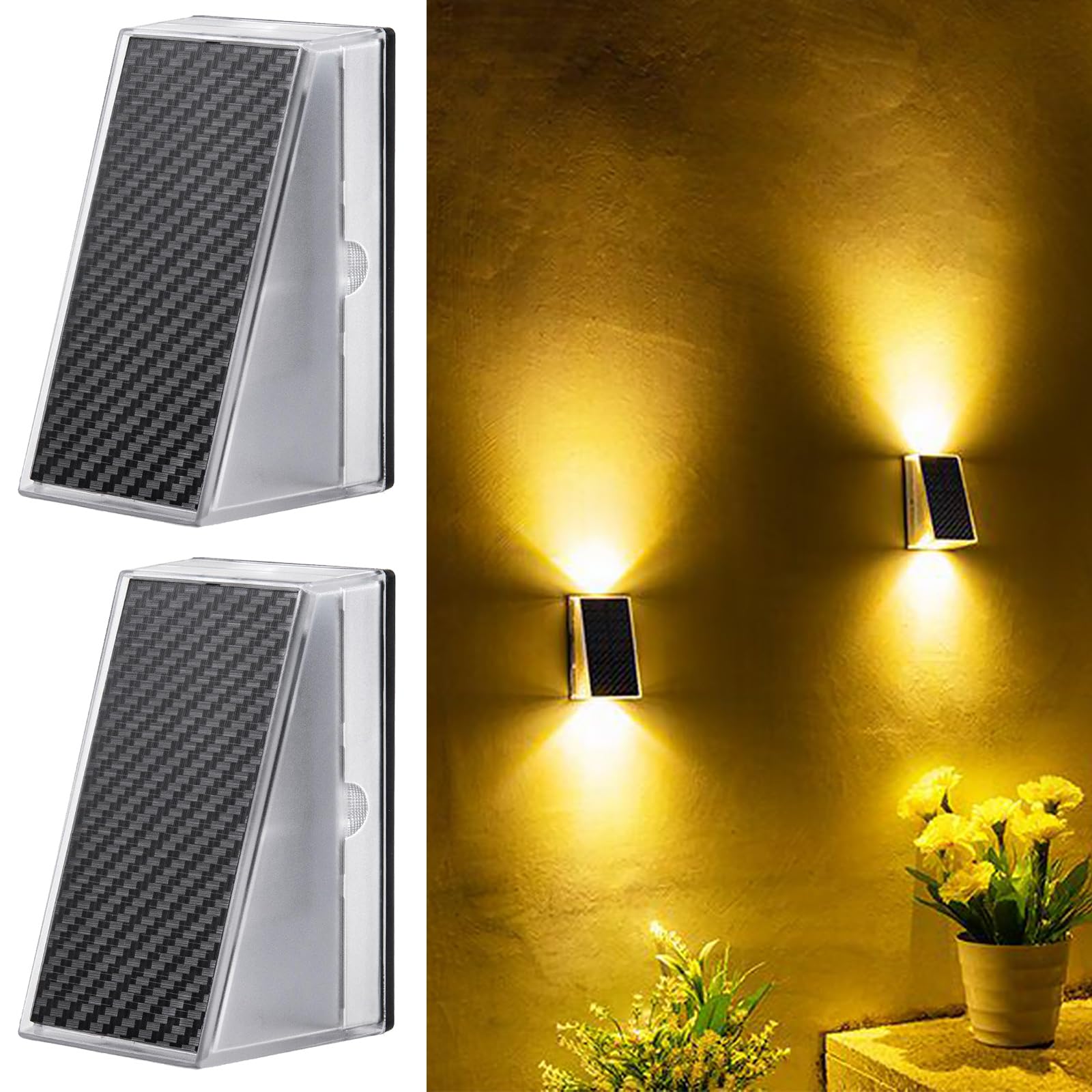 CECOMBINE 2 Pack Solar Fence Lights Outdoor Garden, Solar Outdoor Wall Lights, 11 Lighting Direction Modes, IP65 Waterproof Outdoor Solar Wall Lamp, Auto On/Off, Warm Light for Pathway, Porch, Fence